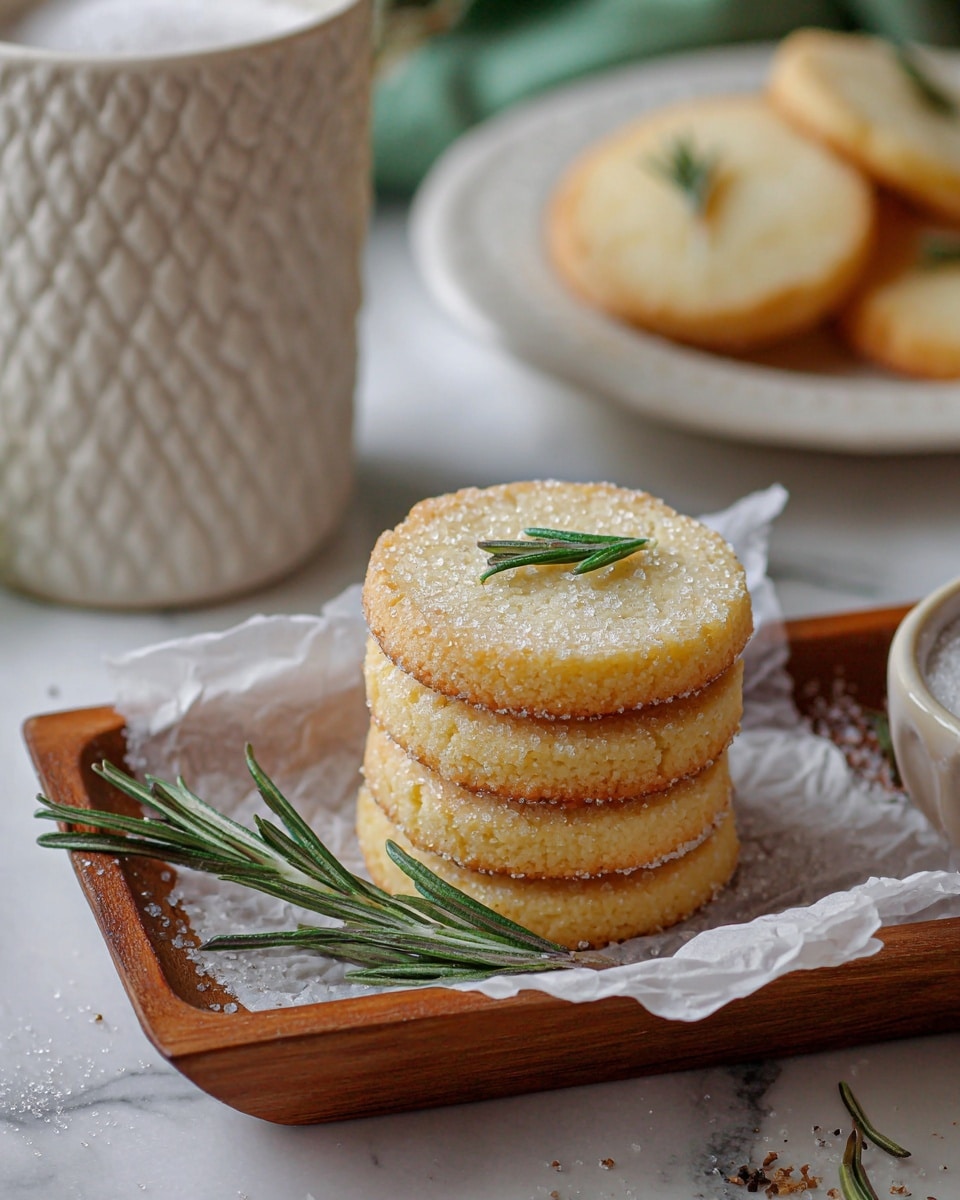 The image shows a stack of four round cookies with golden edges that look crispy and a light sandy beige color on top, placed on a sheet of white parchment paper on a small wooden tray. The top cookie has a small sprig of green rosemary placed in the center, and another rosemary sprig lies next to the stack on the parchment, surrounded by some scattered coarse sugar crystals. In the background, there are more cookies stacked next to a white textured cup resting on a white plate, all placed on a white marbled surface. A small bowl filled with coarse white sugar is also partially visible. Photo taken with an iphone --ar 4:5 --v 7