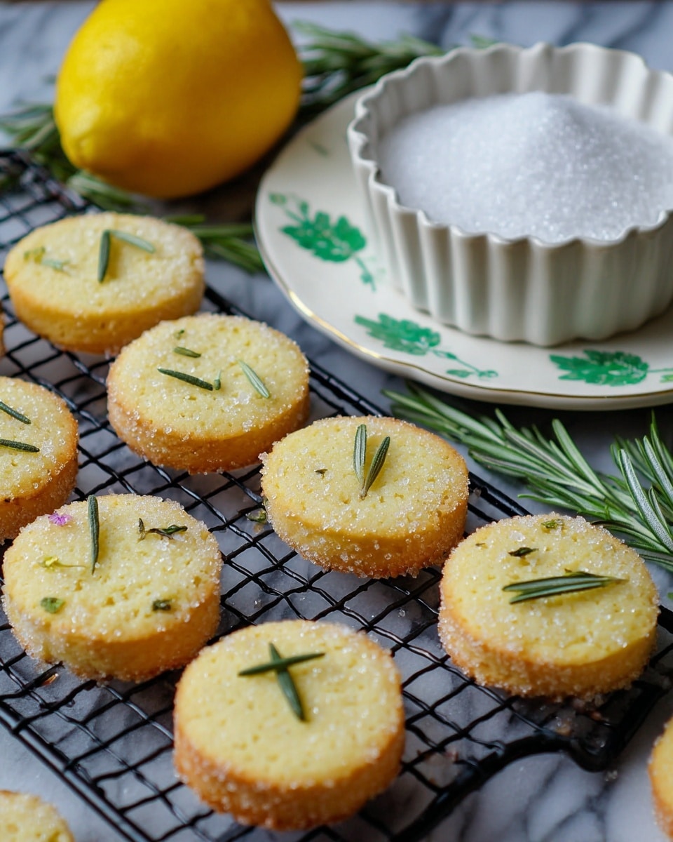 The image shows round lemon herb cookies with a light yellow center and a golden, slightly crumbly edge coated in coarse sugar, arranged on a black cooling rack. Some cookies are topped with small green rosemary sprigs. To the left, a whole bright yellow lemon and sprigs of fresh rosemary add color. On the right side, there is a white scalloped-edge bowl filled with coarse sugar crystals. The surface underneath is a white marbled texture partially covered by a white plate with green leafy patterns. photo taken with an iphone --ar 4:5 --v 7