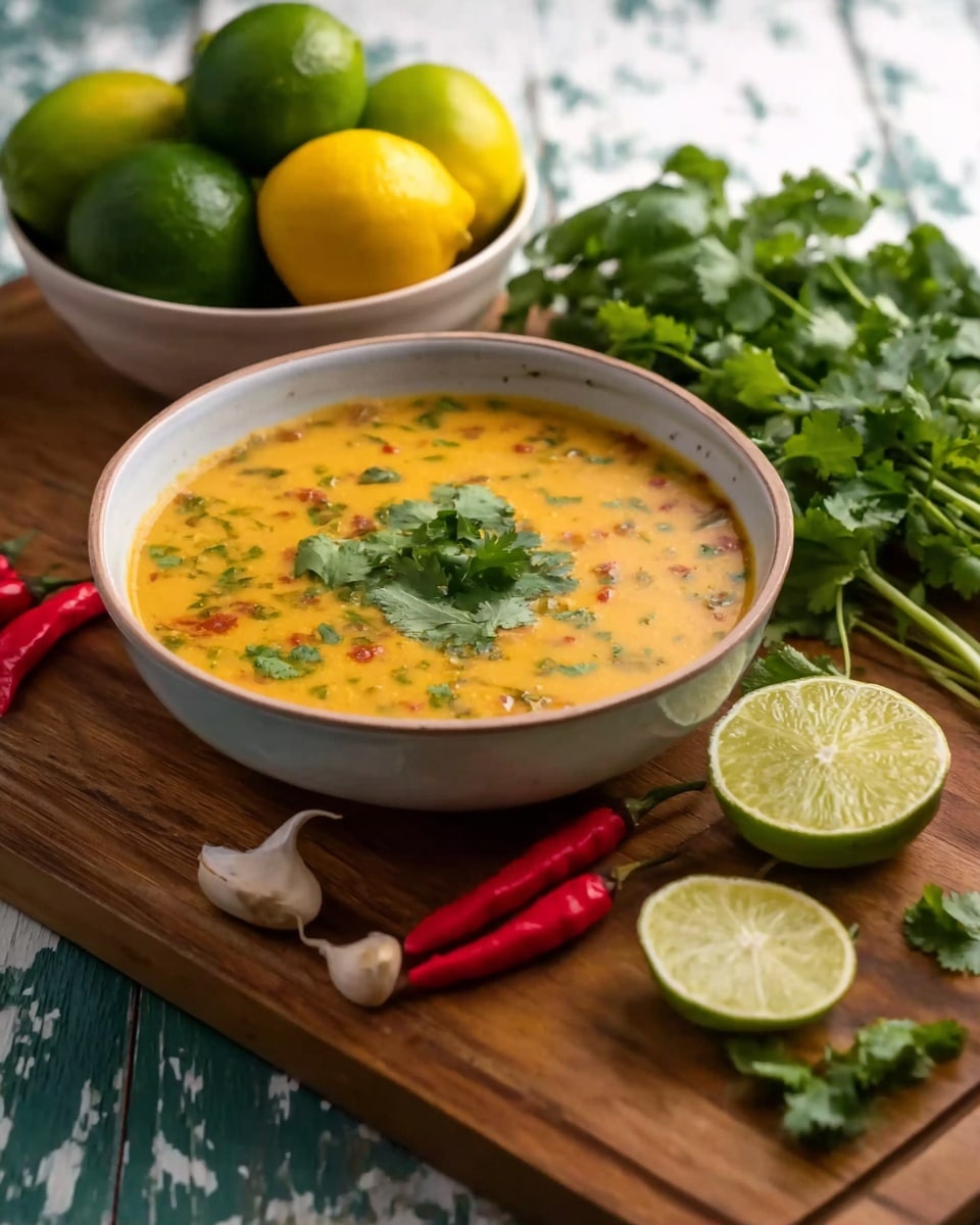 A white bowl filled with orange-yellow soup with visible small pieces of vegetables and herbs, garnished on top with fresh green cilantro leaves. The bowl is set on a wooden cutting board surrounded by three red chili peppers, two lime halves showing green pulp, garlic cloves, and fresh green cilantro sprigs. Behind the board, there is another white bowl holding whole green limes and yellow lemons, all placed on a white marbled surface. Photo taken with an iphone --ar 4:5 --v 7
