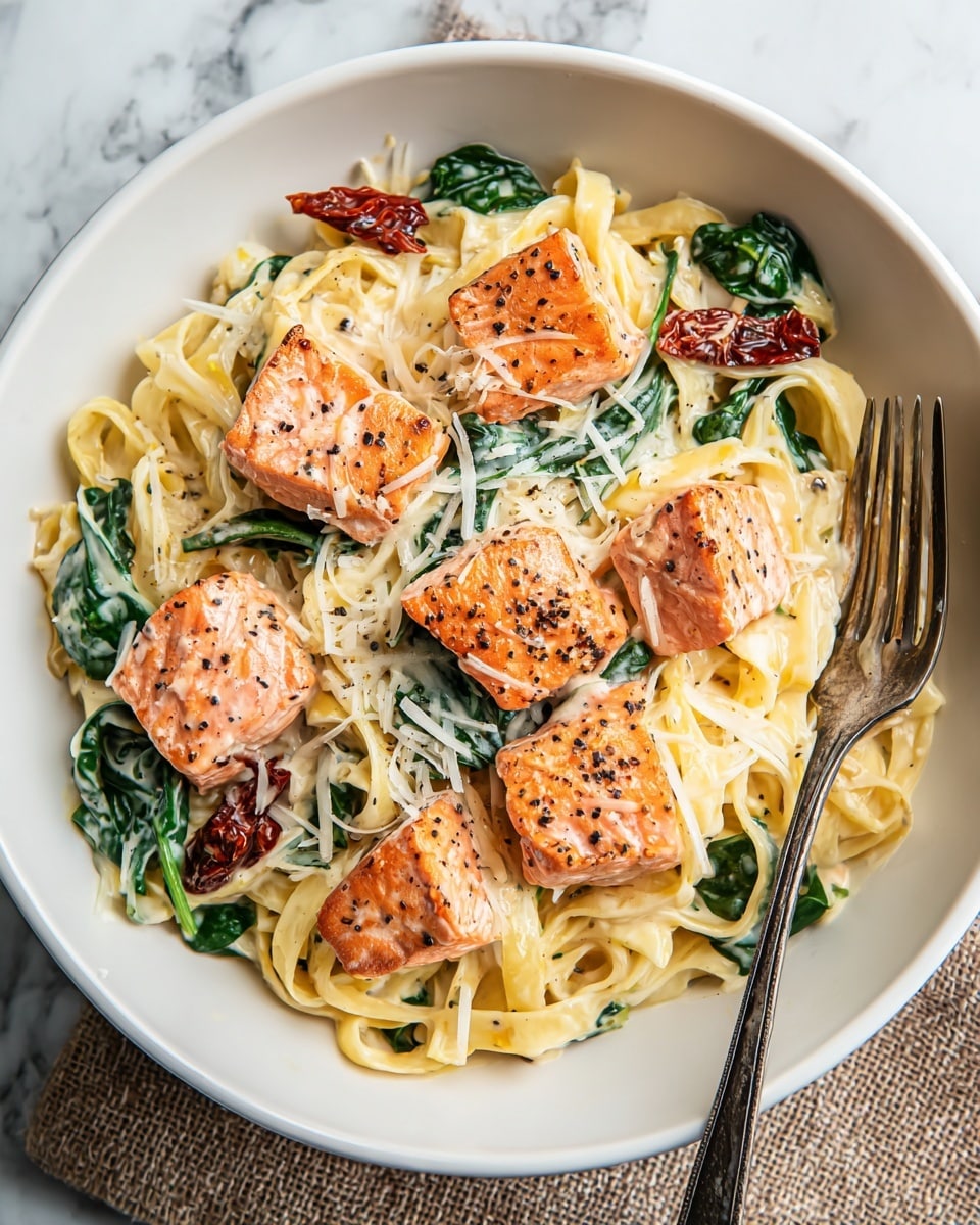 A white bowl filled with creamy fettuccine pasta as the bottom layer, coated in a light cream sauce speckled with black pepper. Mixed in are bright green spinach leaves and dark red sun-dried tomato pieces scattered around. On top, there are six chunks of grilled salmon with a slightly crispy orange-brown surface. Shredded white cheese is sprinkled over the dish, melting slightly on the warm pasta. A silver fork rests on the right side of the bowl, placed on a light brown textured cloth, all set on a white marbled surface. photo taken with an iphone --ar 4:5 --v 7