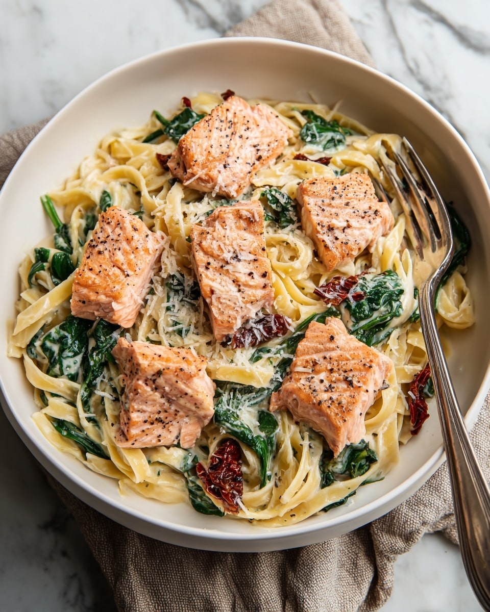 A white bowl filled with creamy fettuccine pasta as the base layer, mixed with bright green spinach leaves and bits of dark red sun-dried tomatoes throughout. On top of the pasta are six pieces of grilled salmon, which are pink with light char marks and sprinkled with black pepper. The dish is finished with a sprinkle of grated white cheese over everything. A silver fork rests on the right side of the bowl, all set on a white marbled surface with a piece of beige cloth underneath. photo taken with an iphone --ar 4:5 --v 7