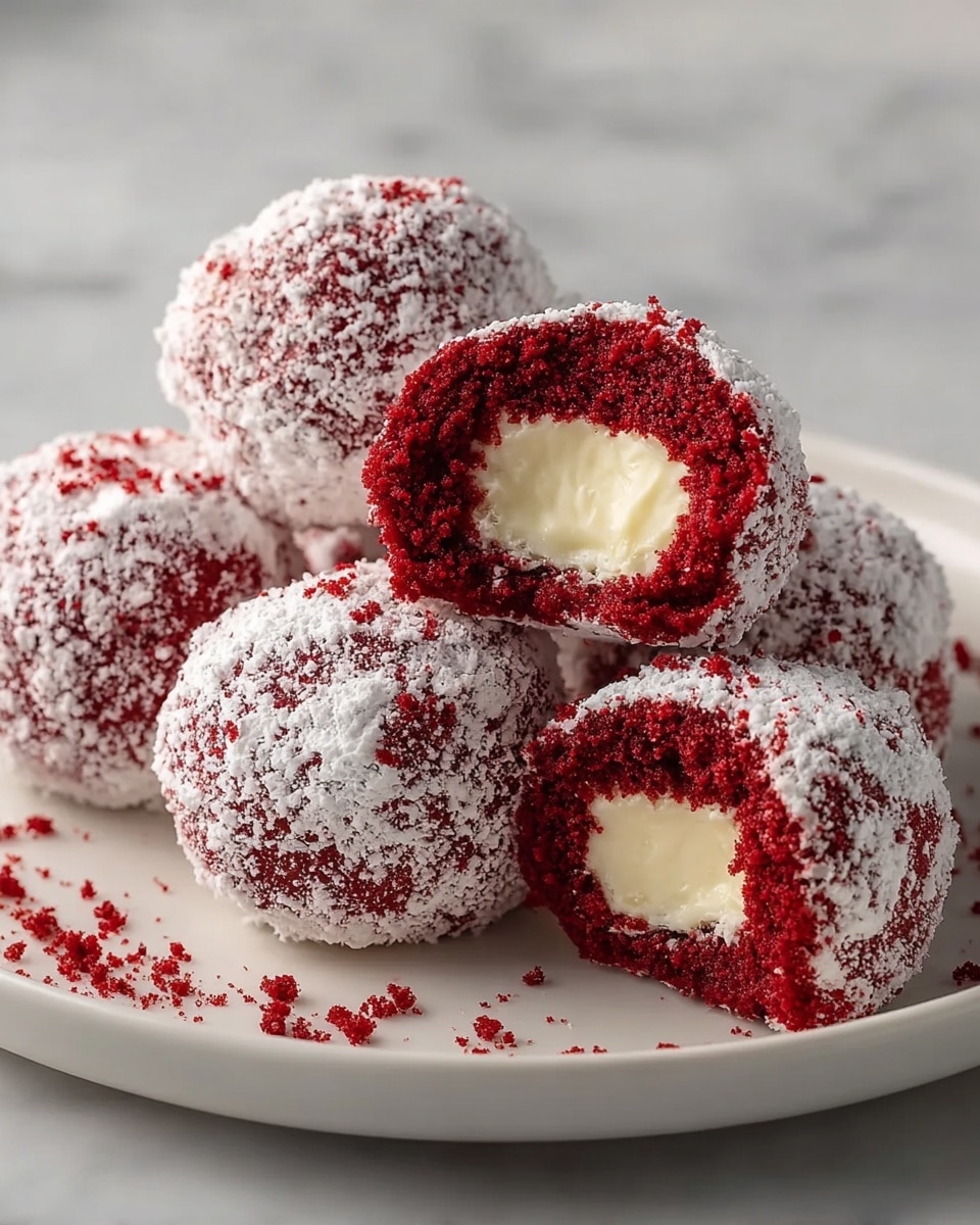 A white plate holds several round red velvet balls covered with white powdered sugar on a white marbled surface. Each ball has a thick layer of red cake on the outside and a creamy white cheese filling in the center, visible in some balls that are bitten into, showing two main layers: the deep red soft cake and the smooth white cream inside. Red crumbs are scattered on and around the plate, adding texture and color contrast. photo taken with an iphone --ar 4:5 --v 7