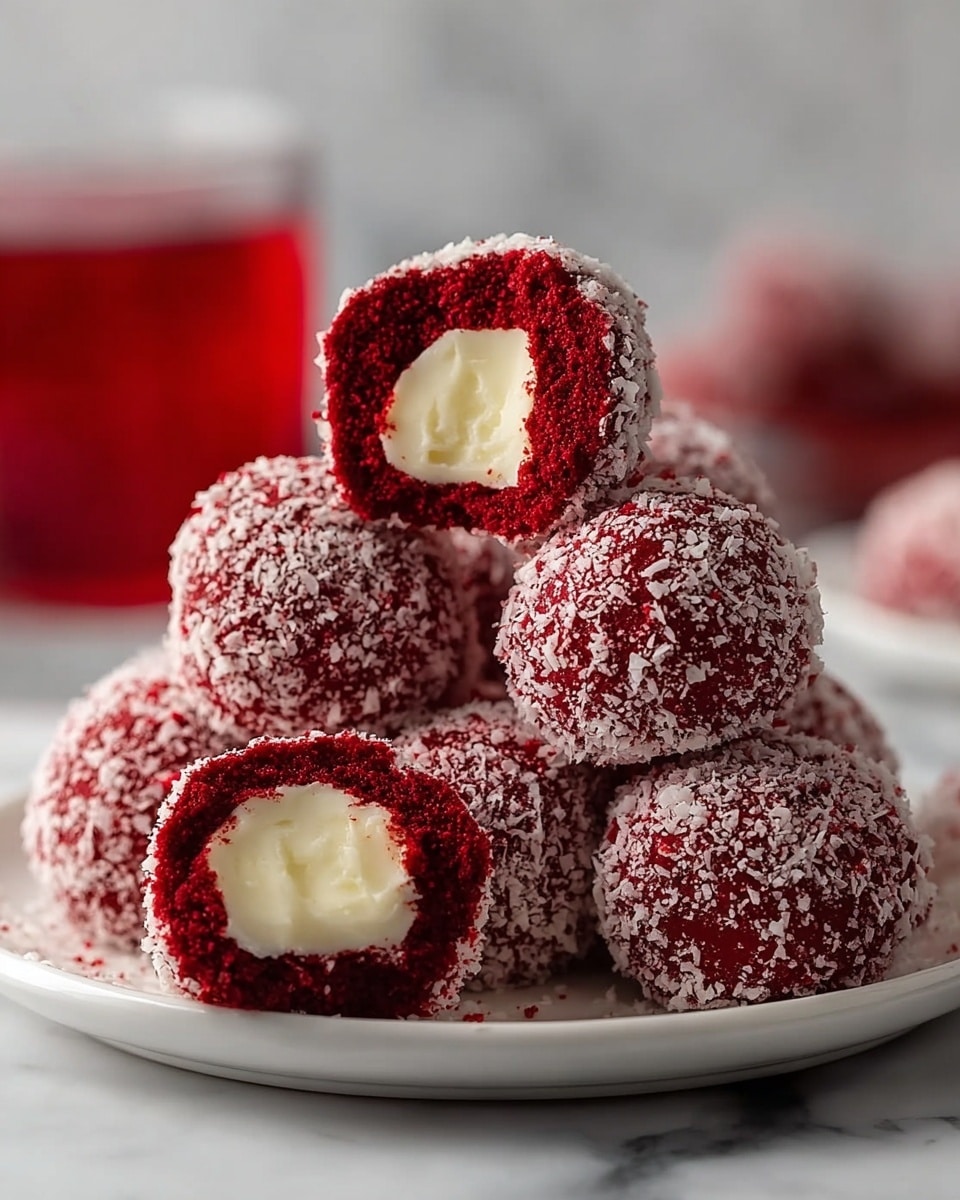 A close-up view of several round red velvet balls stacked in a pyramid shape on a white plate. Each ball is coated with a white crumbly layer, giving a textured look. Two of the balls are cut in half, showing a smooth, creamy white filling inside the deep red outer layer. The white plate sits on a white marbled surface, and a blurred red drink is visible in the background. Photo taken with an iphone --ar 4:5 --v 7
