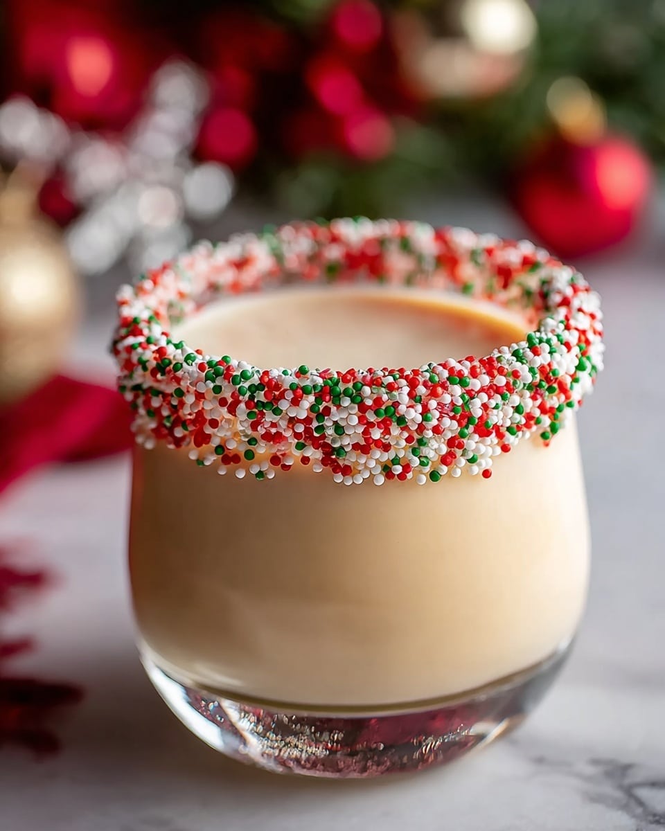 A clear glass cup filled with a smooth, creamy beige drink that fills most of the glass, topped with a thick rim covered in small round sprinkles in red, white, and green colors. The drink and cup sit on a white marbled surface, with soft red and green blurred holiday decorations in the background. The glass has a clear base showing reflections of the surroundings. photo taken with an iphone --ar 4:5 --v 7
