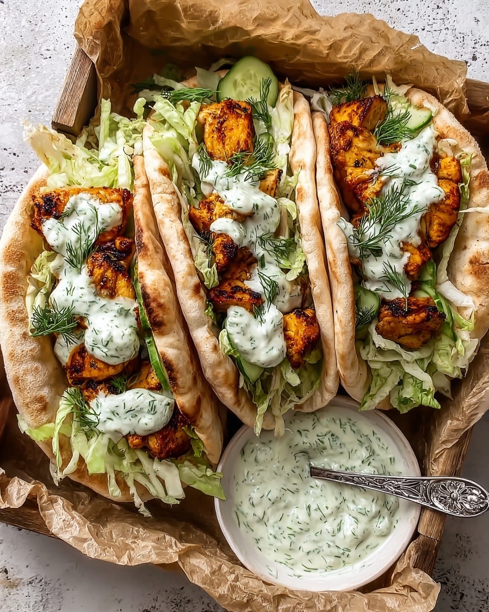 Three pita bread sandwiches filled with golden brown grilled chicken pieces at the bottom, topped with thinly sliced green cucumber and shredded light green lettuce. A creamy white sauce with green herb specks is drizzled over the top and garnished with fresh green dill sprigs. The pitas are arranged inside a rustic wooden box lined with crumpled brown parchment paper. Next to the sandwiches is a small white bowl filled with the same creamy herb sauce and an ornate silver spoon inside. The whole setting is on a white marbled textured surface. Photo taken with an iphone --ar 4:5 --v 7