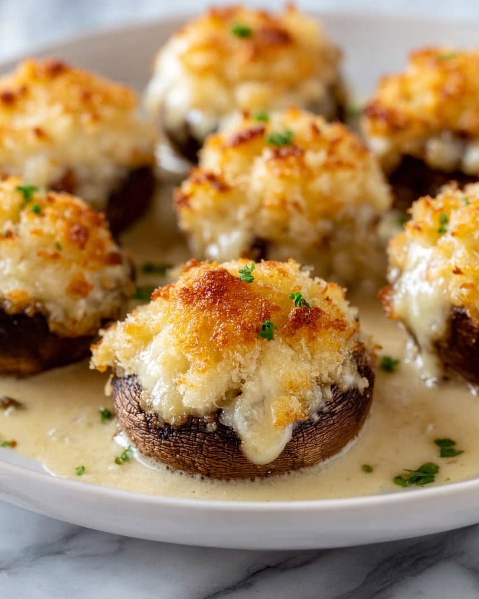The image shows a close-up of several stuffed mushrooms arranged on a white plate, which sits on a white marbled surface. Each mushroom has a dark brown base with a slightly shiny, cooked texture, topped with a thick, golden-brown layer of melted cheese mixed with breadcrumbs that is crispy and bubbly on top. The cheese layer has a rich, creamy texture with some browned spots from baking. Around the mushrooms, there is a pale creamy sauce with hints of green herbs scattered lightly for color contrast. The shot focuses sharply on one mushroom in the center, with others softly blurred in the background. photo taken with an iphone --ar 4:5 --v 7