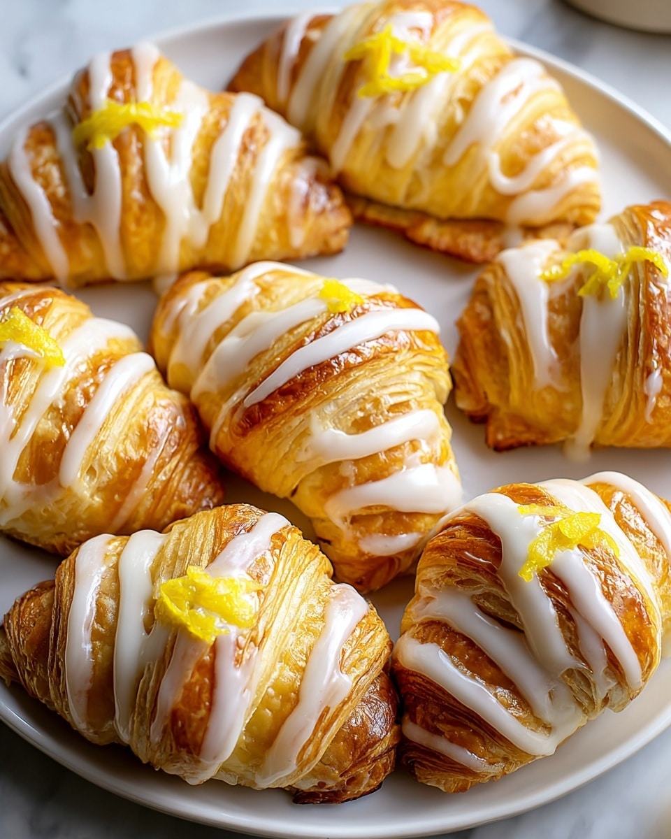 A white plate with nine golden brown croissants arranged close together, each croissant is layered and flaky, showing multiple thin, crisp folds. On top of each croissant is thick white icing drizzled evenly in stripes, and small pieces of bright yellow lemon zest are placed on some of them. The plate is set on a white marbled texture surface with soft natural light giving a warm, inviting shine to the pastry layers and icing. Photo taken with an iphone --ar 4:5 --v 7