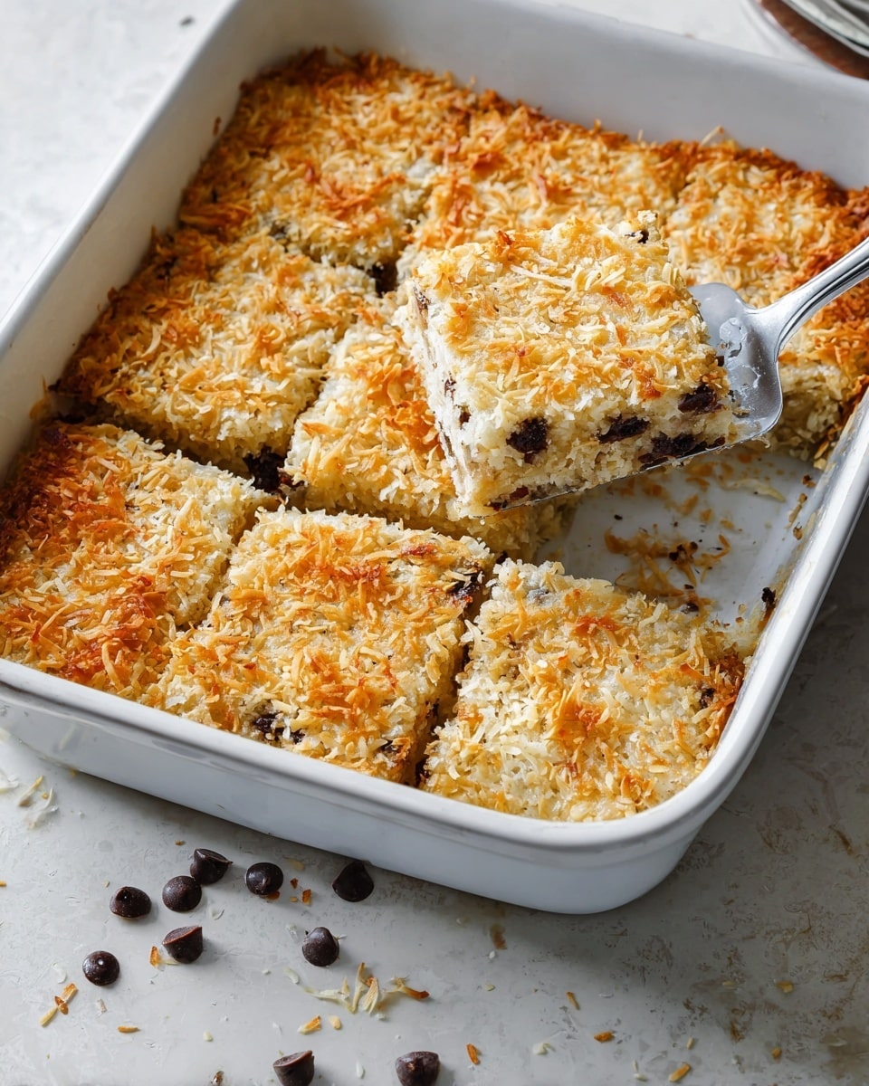 A white baking dish holds four square pieces of a baked dessert covered with a golden toasted layer of shredded coconut. The dessert has a light brown texture with visible dark chocolate chips scattered inside. A metal spatula lifts one piece slightly, revealing a soft, dense, and moist interior under the crispy coconut crust. Some coconut flakes and chocolate chips are spilled on a white marbled surface near the dish. Photo taken with an iphone --ar 4:5 --v 7