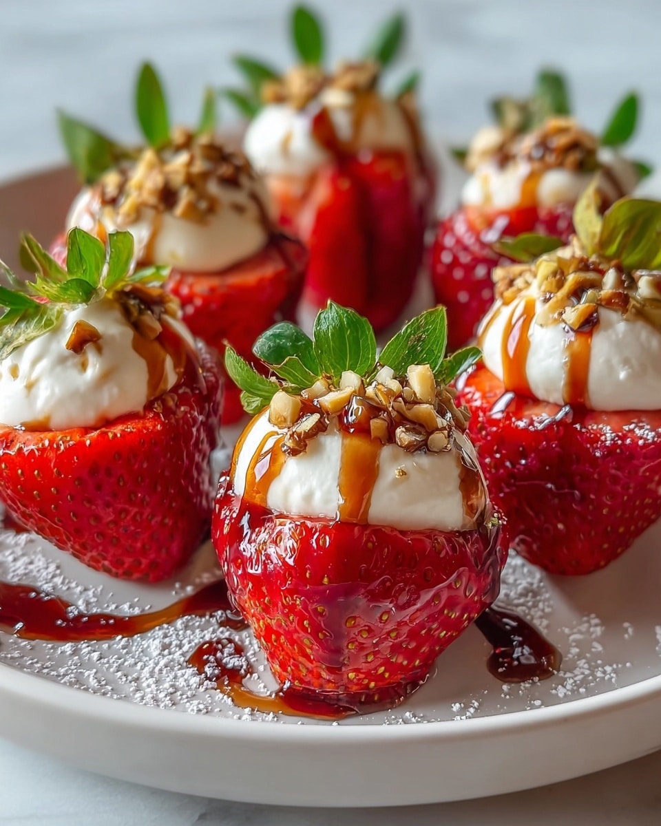 The image shows several large strawberries that have had their tops cut and removed, each filled with a smooth, white creamy layer. On top of the cream, there is a glossy drizzle of dark chocolate and caramel sauces lightly spread over the strawberries. Small chopped nuts are sprinkled over each filled strawberry, adding texture. The strawberries are bright red with green leaves still attached, and they are arranged closely on a white plate placed on a white marbled surface with some powdered sugar dusted around for decoration. photo taken with an iphone --ar 4:5 --v 7