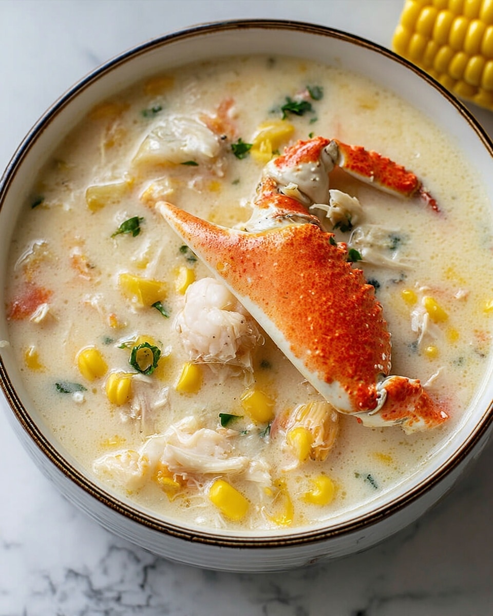 A creamy soup in a white bowl filled mostly with light yellow broth that has a slightly thick texture. Floating near the center is a large, bright orange crab claw with white meat inside. Around the claw, there are small yellow corn kernels, chunks of white fish, and bits of green herbs scattered throughout the soup. The bowl sits on a white marbled surface with a blurred cob of corn and lemon slices in the background. photo taken with an iphone --ar 4:5 --v 7