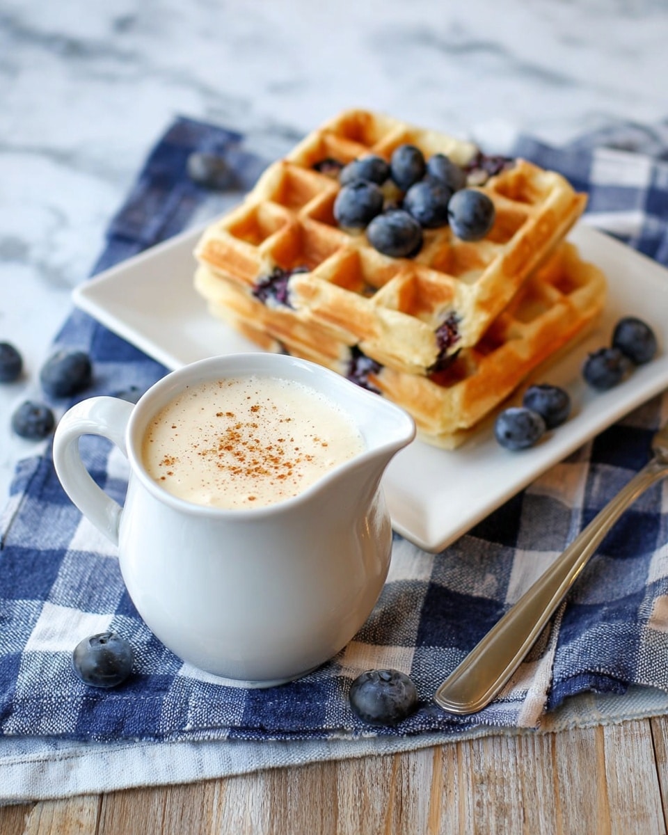 The image shows two golden brown waffles with visible blueberries inside, stacked slightly overlapping on a white square plate, with a few loose blueberries scattered around the plate. In the foreground, there is a small white pitcher filled with a creamy white sauce topped with a light sprinkle of brown spice. The plate and pitcher rest on a blue and white checkered cloth, which lies on top of a wooden surface, all set against a white marbled texture background. A fork and knife with metallic handles are placed beside the plate. photo taken with an iphone --ar 4:5 --v 7