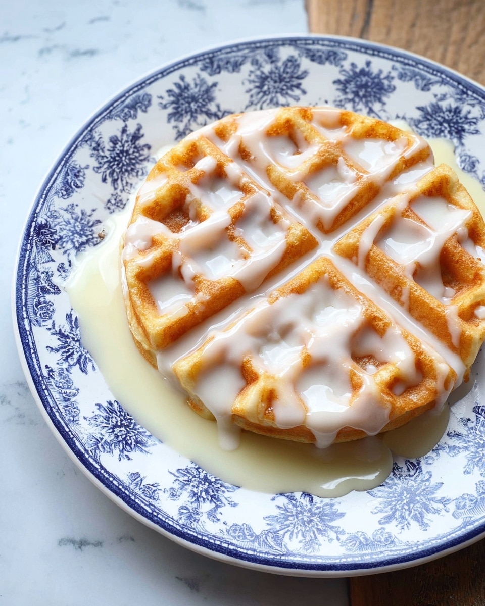 A single golden brown waffle with a grid pattern sits on a white plate with a blue floral border. The waffle is covered with a thick white glaze that drips down the sides and pools slightly on the plate. The texture of the waffle appears soft and fluffy with slightly crisp edges. The plate is placed on a white marbled texture surface. photo taken with an iphone --ar 4:5 --v 7