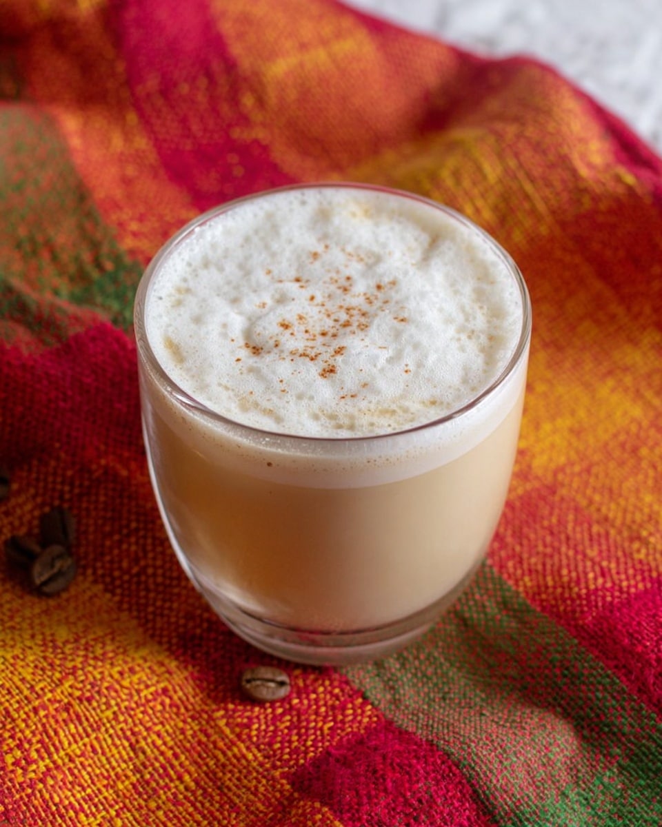 A clear glass cup filled with a creamy light tan coffee drink topped with a thick layer of white frothy foam sprinkled with small brown specks, sitting on a colorful red, orange, green, and yellow checkered cloth with a few coffee beans scattered around. The background is a white marbled texture. photo taken with an iphone --ar 4:5 --v 7
