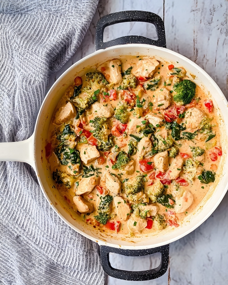 A close-up view of a creamy chicken dish in a white bowl showing chunky pieces of light golden chicken mixed with bright green broccoli florets and bits of fresh spinach. There are vibrant red cherry tomato halves scattered throughout the dish, all covered in a smooth, light yellow, cheesy sauce that has a slightly thick texture. A wooden spoon lifts a spoonful of the mixture, with melted cheese stretching from the bowl. The background features a white marbled surface with a blurred white cloth nearby. photo taken with an iphone --ar 4:5 --v 7
