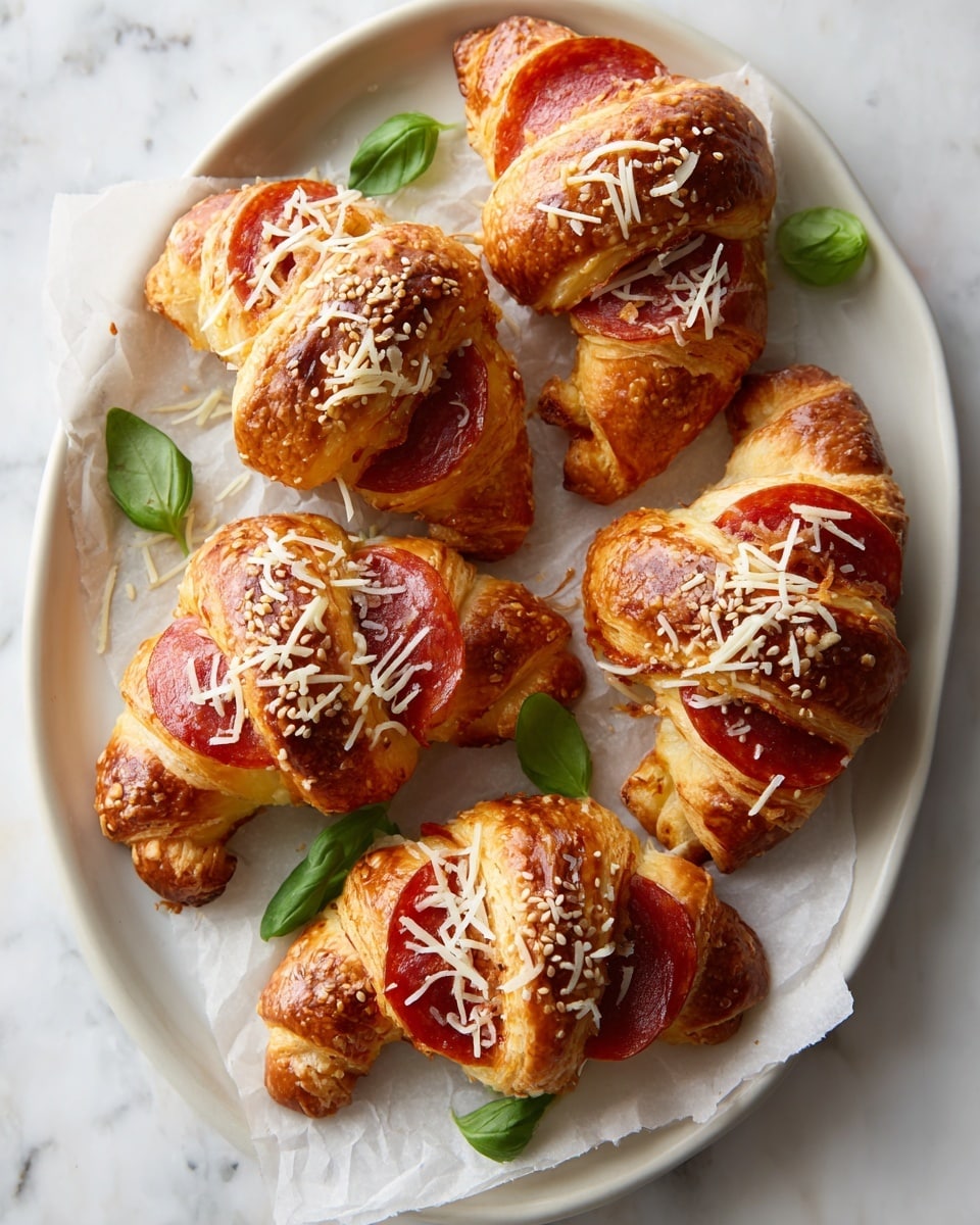 Several crescent-shaped rolls are placed close together on a white marbled surface. Each roll has a golden-brown outer layer with a slightly crispy texture, sprinkled with coarse white sesame seeds. Wrapped around each roll are thin bands of reddish-brown meat, twisted diagonally to cover the pastry in layers. Bits of melted white cheese peek between the folds of the dough and meat. Bright green basil leaves are placed on top of some rolls adding a fresh color contrast. A red-and-white striped candy cane is visible on the left side of the image. photo taken with an iphone --ar 4:5 --v 7