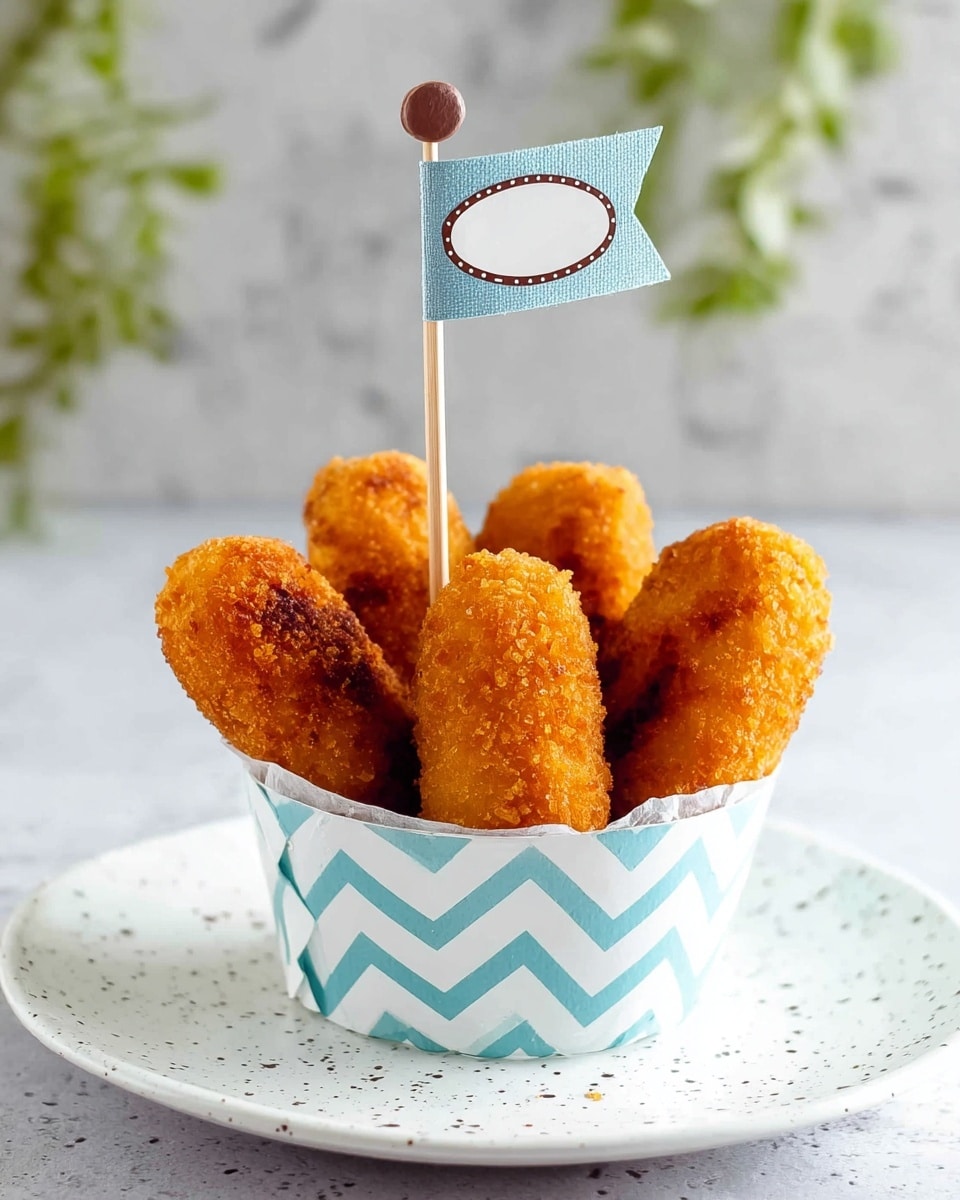 There are five golden-brown croquettes with a slightly crispy texture inside a light blue and white zigzag paper cup, all placed on a white plate with small grey specks. One croquette stands upright in the middle with a small wooden stick topped with a brown flag with white dots and a blank white oval label, decorated with a light blue ribbon. The background shows a white marbled texture and some green leaves are faintly visible in the distance. photo taken with an iphone --ar 4:5 --v 7