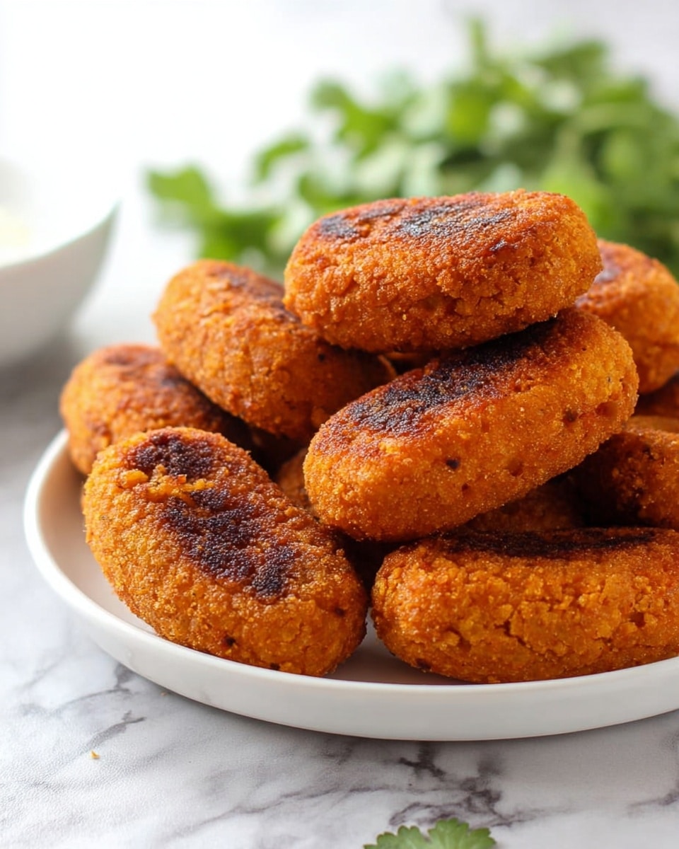 A white plate is full of golden brown fried croquettes, each having a rough and slightly crumbly texture with some darker grill marks on top. The croquettes are oval shaped and stacked casually, showing their crispy, crunchy outer layer. In the background, there is a blurred white marbled texture and some green herbs, possibly cilantro, adding a fresh contrast to the warm color of the croquettes. photo taken with an iphone --ar 4:5 --v 7