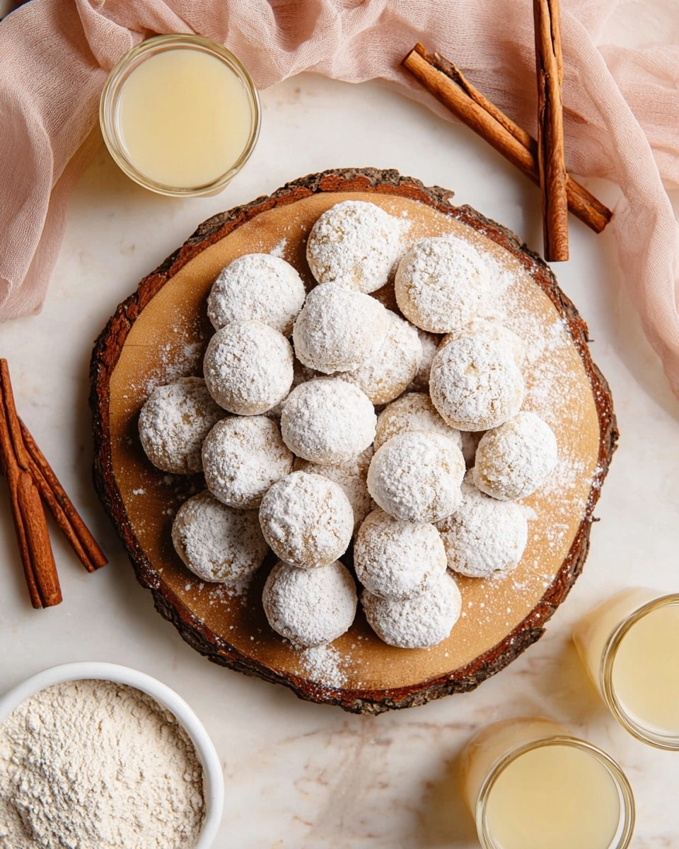 A wooden round board with bark edges holds about 25 small round cookies covered in white powdered sugar in a loose pile, showing light brown cookie color under the sugar. Around the board, there are two cinnamon sticks placed to the right side, with more cinnamon sticks and three clear glasses filled with light yellow creamy liquid on a white marbled surface. A small white bowl filled with powdered sugar is partially visible in the bottom left corner, and a soft pink cloth is softly draped at the top right corner. Photo taken with an iphone --ar 4:5 --v 7