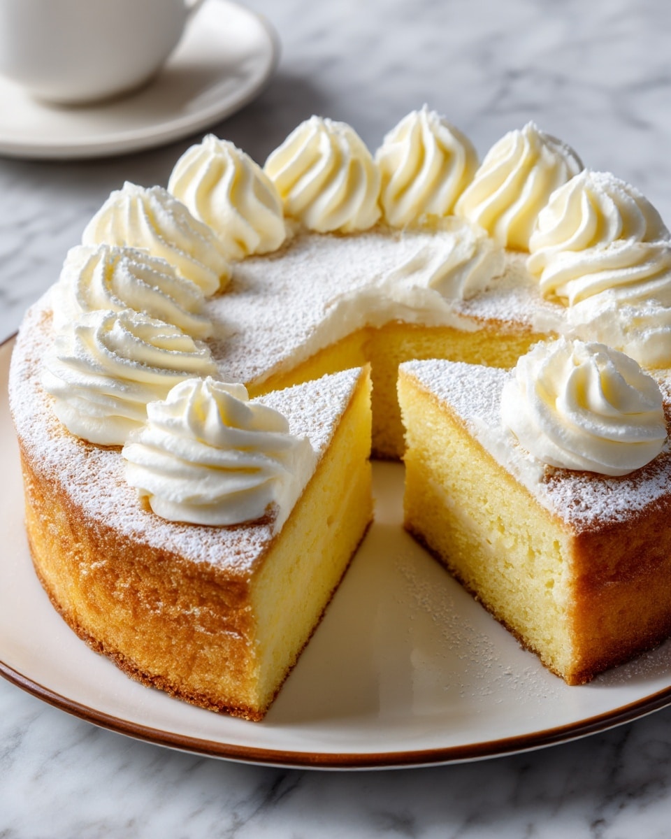 A two-layered round yellow cake with a soft and moist texture, topped with eight evenly spaced swirls of white cream. The cake has a light brown crust on the bottom and around the edges. Powdered sugar is lightly dusted over the top layer and cream swirls. One slice is cut out, showing the smooth inside of the cake. The cake sits on a white plate with a thin brown rim, placed on a white marbled surface. photo taken with an iphone --ar 4:5 --v 7