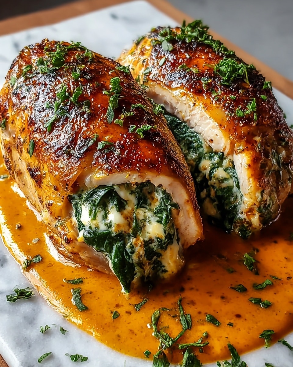 Two pieces of golden brown, grilled chicken stuffed with creamy white cheese and dark green spinach are placed side by side on a white marbled surface. The chicken skin has a crispy, textured appearance with some blackened spots and is garnished with finely chopped fresh green herbs. The chicken rests on a thick, smooth, orange-colored sauce that spreads slightly beneath and around them, adding a glossy layer to the presentation. Photo taken with an iphone --ar 4:5 --v 7