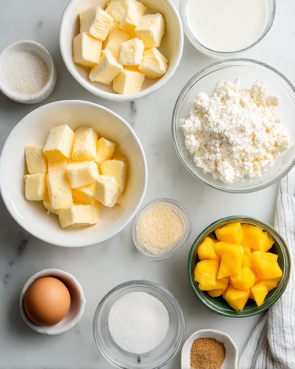 Several small white bowls and clear glass bowls are arranged on a white marbled surface, each holding different ingredients. One white bowl contains pale yellow cubed butter blocks. Another white bowl is filled with crumbly white cheese. A greenish bowl holds bright yellow diced mango. There are two clear glass bowls, one with white granulated sugar and another with a small amount of milk. A small white dish has a light brown ground spice. Next to an uncracked brown egg, a white bowl contains white powdery flour or powdered sugar. A striped white towel is slightly visible on the edge of the scene. photo taken with an iphone --ar 4:5 --v 7