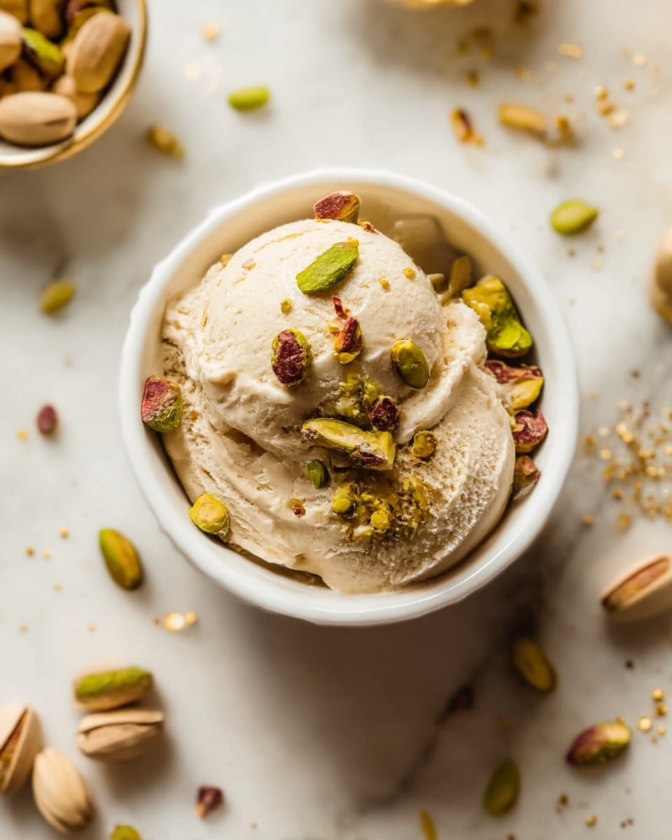 A small white bowl holds a single scoop of light beige ice cream with a smooth and creamy texture, topped with scattered chopped pistachios that show a mix of green and brownish-red colors. Some pistachio pieces are also placed around the scoop inside the bowl, adding a crunchy contrast. The bowl sits on a white marbled surface with a few pistachio nuts and small bowls partially visible around it, enhancing the natural and fresh presentation. The overall lighting is soft and warm, highlighting the ice cream’s creamy swirls and the nuts’ vibrant colors. photo taken with an iphone --ar 4:5 --v 7