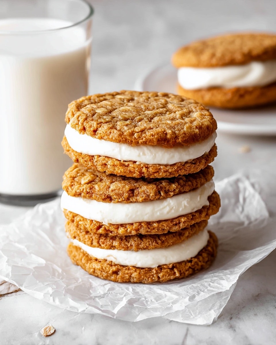The image shows a stack of oatmeal cream pie sandwiches placed on a white plate, each sandwich made of two golden brown oatmeal cookies with a thick layer of white creamy filling in the middle. The cookies have a rough, textured surface with visible oats, and the cream filling looks smooth and slightly soft. There are six sandwiches arranged closely together, some stacked on top of each other. In the background, there is a glass filled with white milk, slightly out of focus, all placed on a white marbled surface. photo taken with an iphone --ar 4:5 --v 7