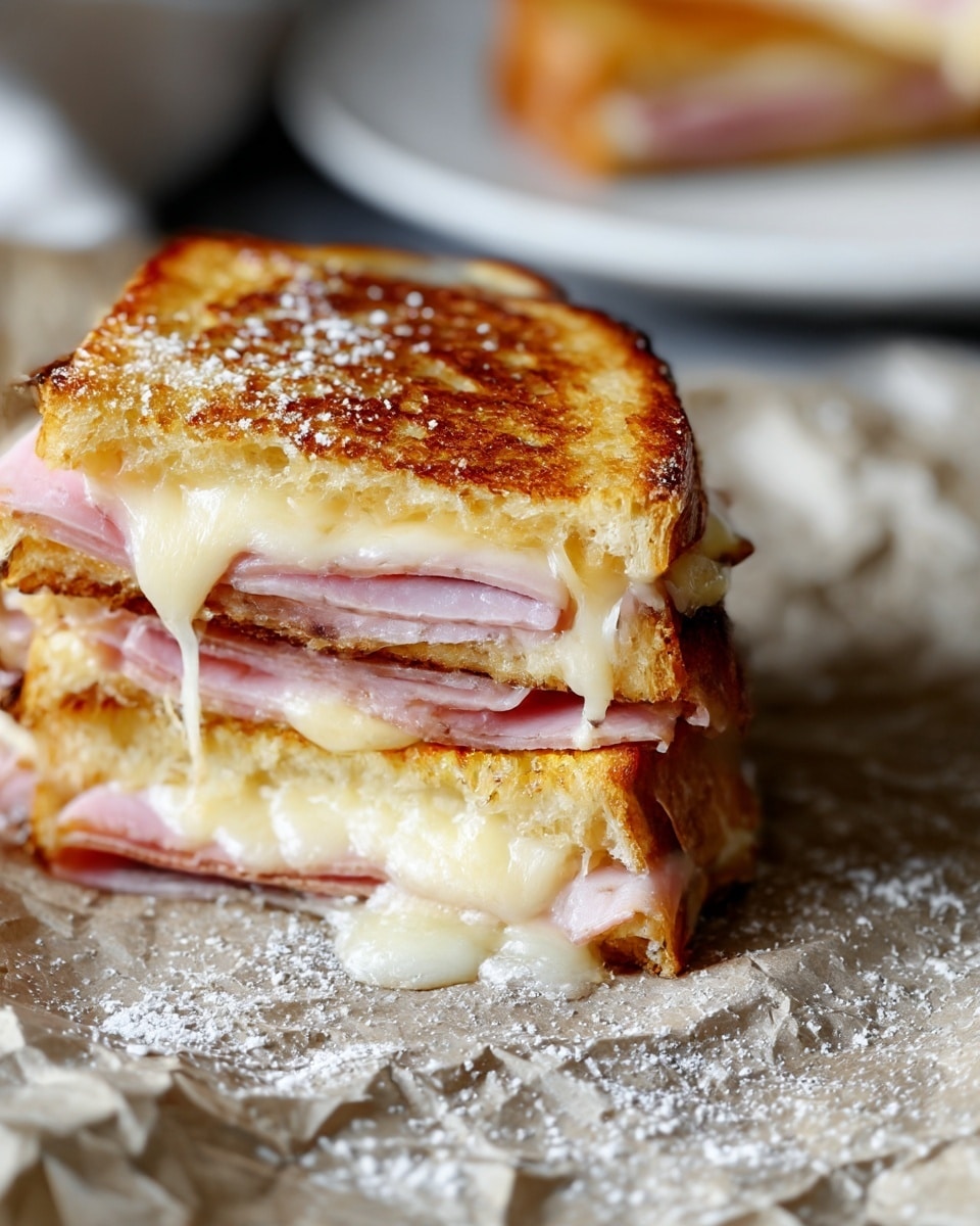 The image shows a close-up of a toasted sandwich cut in half and stacked. The sandwich has three visible layers: the top and bottom layers are golden brown toasted bread with a slightly crispy texture, while the middle layers consist of a pale pink folded ham and melted creamy white cheese that is oozing slightly. The sandwich is placed on crumpled parchment paper with some white powder scattered around it. In the blurred background, there is a white plate with another sandwich visible. photo taken with an iphone --ar 4:5 --v 7