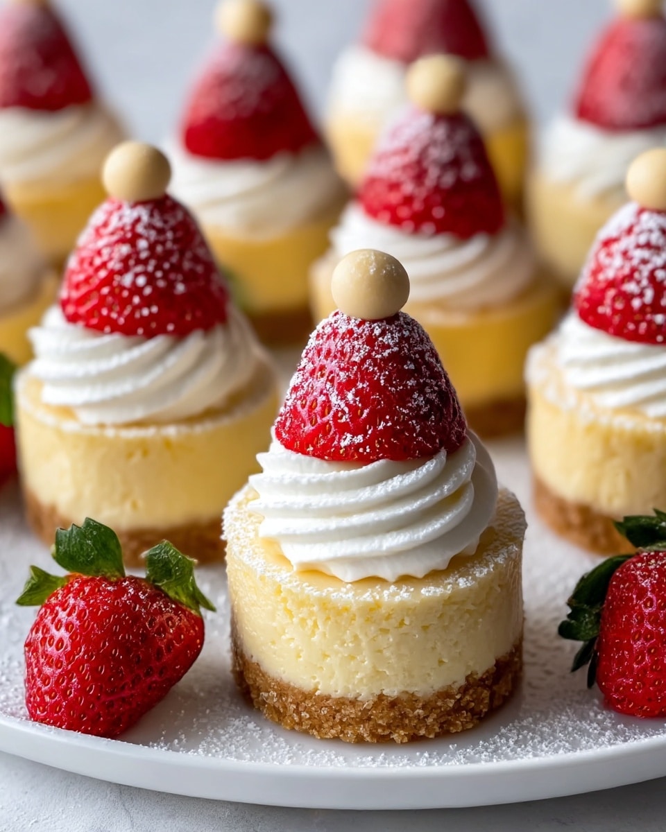 A close-up view of small round cheesecakes on a white plate, each cheesecake has three visible layers: a bottom crumbly brown crust, a smooth light yellow cheesecake layer in the middle, and a top swirl of white whipped cream with soft ridges. Each cheesecake is decorated with a whole red strawberry turned upside down to look like a hat, lightly dusted with powdered sugar, topped with a small round beige candy or nut as a nose, sitting just above the whipped cream. Fresh red strawberries with green leaves are placed around the cheesecakes on the plate, which rests on a white marbled surface dusted lightly with powdered sugar. photo taken with an iphone --ar 4:5 --v 7
