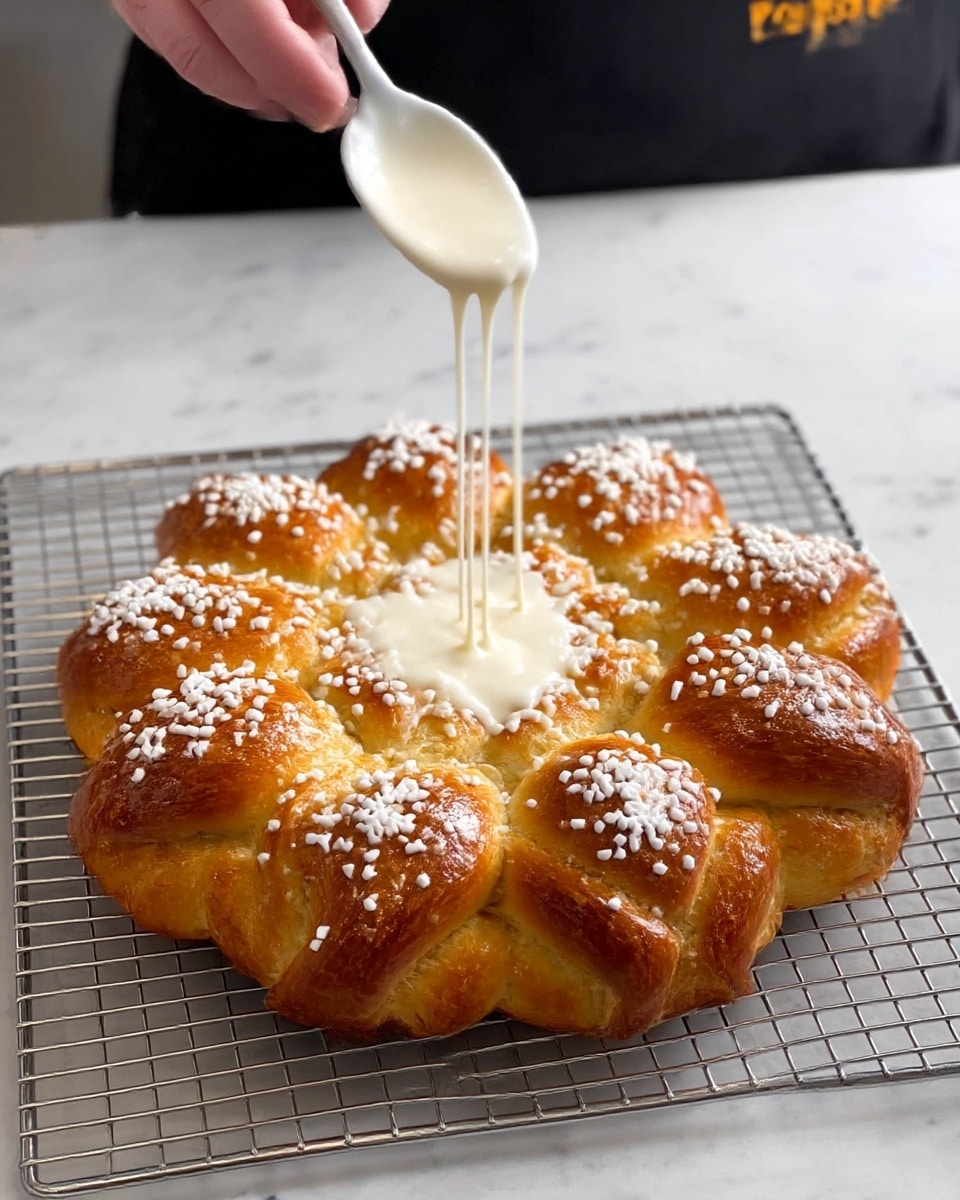 The image shows a round pastry with a star-shaped design, placed on a wooden paddle board. The pastry has about eight petals, each made of multiple thin layers of golden-brown dough with a soft, flaky texture. The outer edges of each petal are darker brown, showing a crisp finish. The top of the pastry is covered with a white icing glaze that drips slightly down the sides, and small white sugar beads are scattered on top for decoration. A blue and white checkered cloth is visible in the background on a white marbled surface. photo taken with an iphone --ar 4:5 --v 7