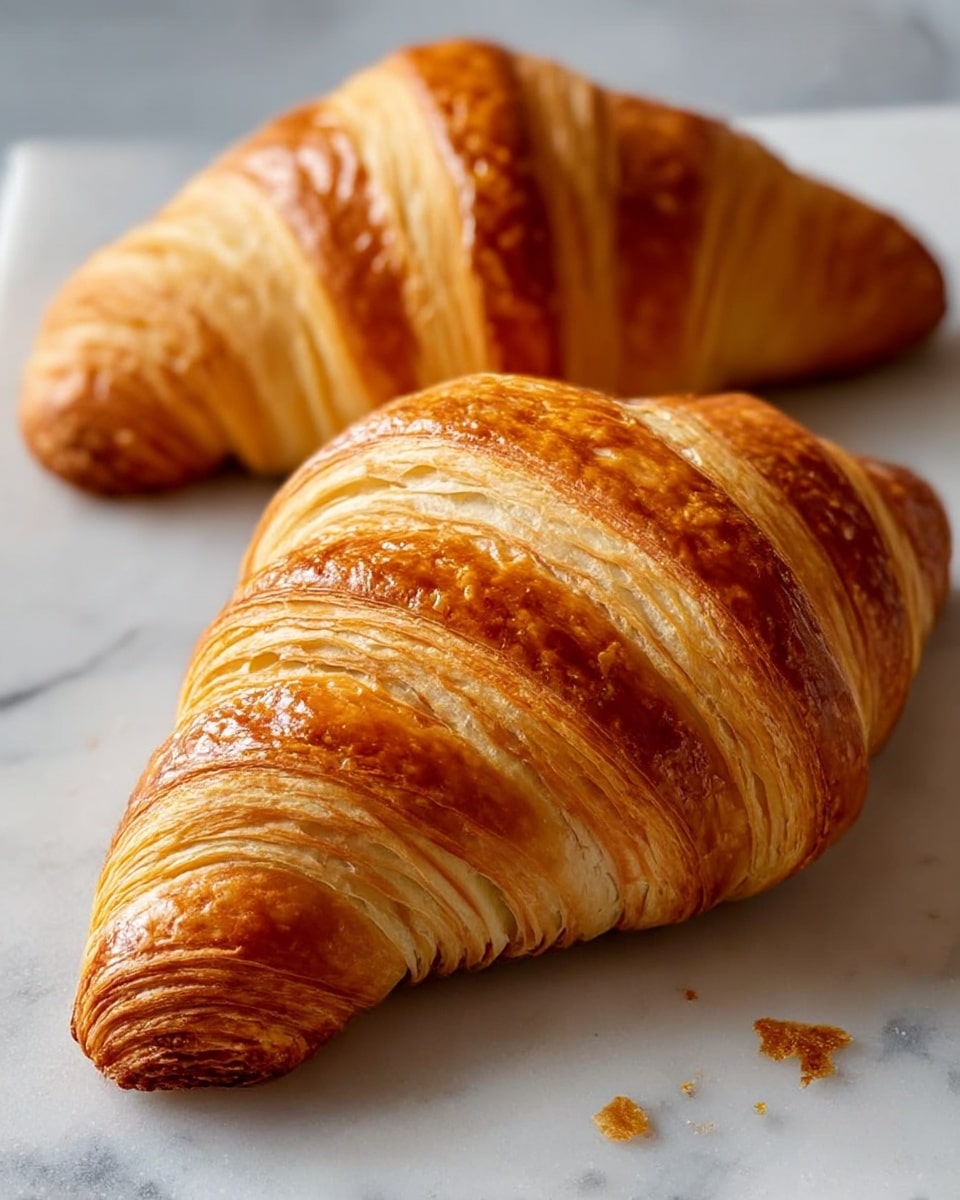 Two golden-brown croissants rest on a white marbled surface, each showing multiple thin, flaky layers that create a textured look. The layers, especially near the ends, are curled tightly, displaying a light beige color with darker toasted edges. The croissants have a shiny, slightly glossy top, indicating a buttery crust with some crisp spots. Small crumbs are scattered around them on the surface. The background is softly blurred to keep focus on the croissants. photo taken with an iphone --ar 4:5 --v 7