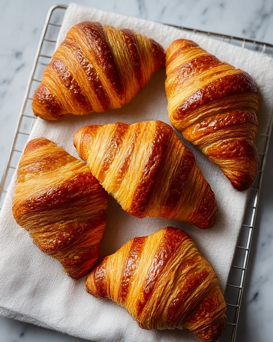 Five golden brown croissants with a shiny, crispy crust and visible flaky layers are placed close together on a white cloth atop a metal cooling rack. Each croissant displays multiple curved folds with a rich caramelized color on the outer surface, showing textures of butter layers and puff pastry. The whole setup is on a white marbled textured surface that softly contrasts the warm croissant tones. photo taken with an iphone --ar 4:5 --v 7