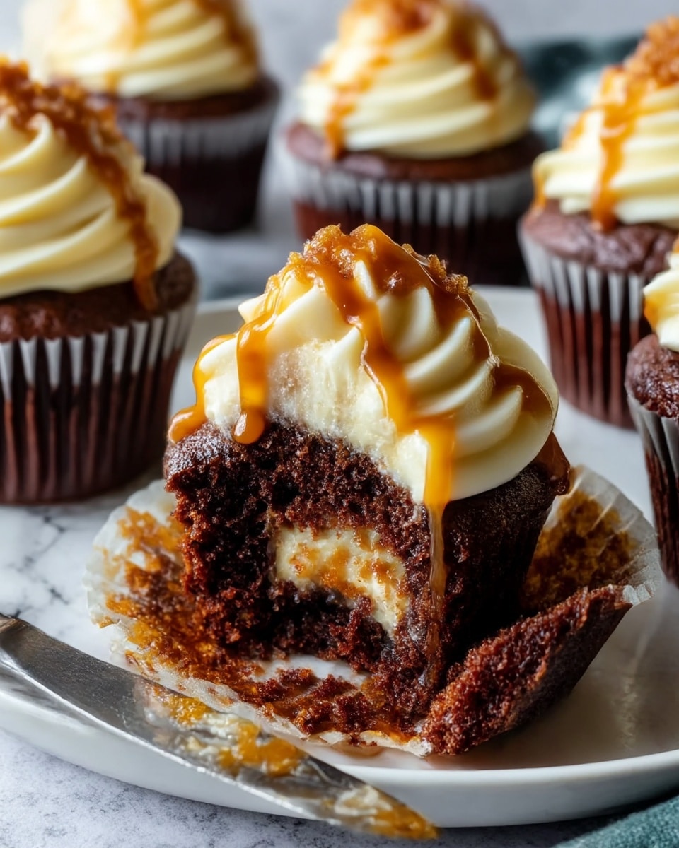 The image shows several chocolate cupcakes on a white plate with a white marbled texture background. Each cupcake has three visible layers: a dark brown, soft, crumbly chocolate base; a thick swirl of creamy, off-white frosting on top; and a layer of golden-brown crunchy topping with caramel drizzle dripping down onto the frosting and cake. One cupcake is partly eaten, revealing the moist chocolate interior. A knife with some frosting and caramel residue is placed beside the cupcakes on the plate. Photo taken with an iphone --ar 4:5 --v 7