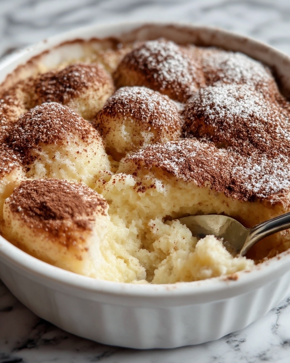 The image shows a white round ceramic dish filled with a soft and spongy baked dessert that looks like a light yellow cake or pudding. The top layer is uneven, with several light brown lumps covered by a dusting of dark brown cocoa powder and a light sprinkle of white powdered sugar. A spoon is partially inserted on the right side of the dish, breaking into the fluffy cake, revealing a moist and airy inside. The edges of the dessert are slightly caramelized brown. The dish is on a white marbled surface. photo taken with an iphone --ar 4:5 --v 7