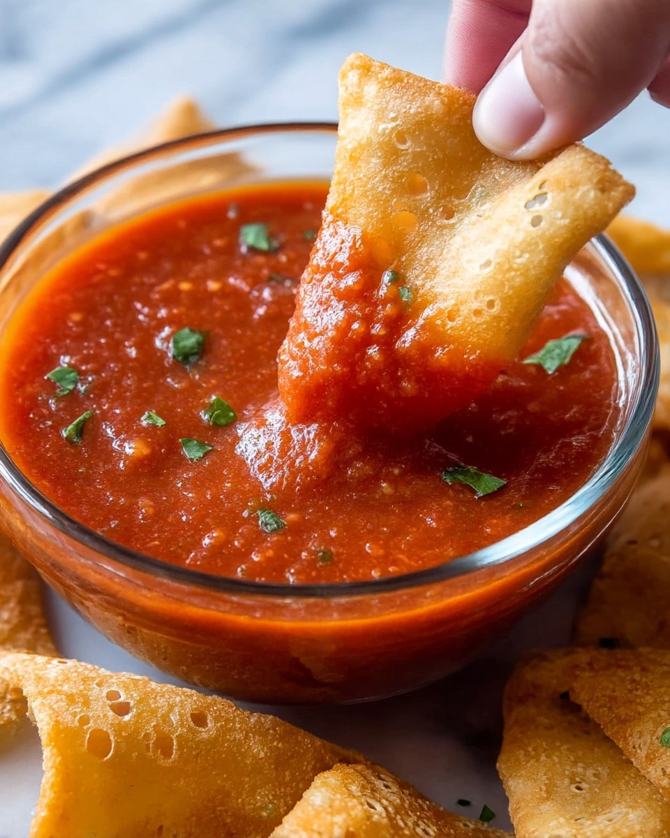 A close-up view of a round clear glass bowl filled with thick, bright red tomato salsa, garnished with small fresh green parsley leaves on the surface. Around the bowl lie several golden, crispy triangular tortilla chips with small bubbles on their textured surface. A woman's hand is dipping one crispy triangle chip into the salsa, showing the chip partially covered in the red sauce. The background is a white marbled texture. photo taken with an iphone --ar 4:5 --v 7