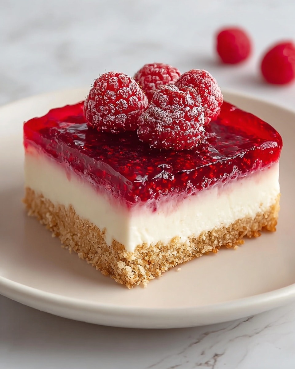 A square dessert with three layers sits on a white plate. The bottom layer is crumbly and golden, resembling a biscuit crust. The middle layer is thick and creamy white, smooth in texture. The top layer is a bright, glossy red raspberry jelly with small seeds visible inside, and it is decorated with three fresh raspberries on top, which have a slightly frosty look. The plate rests on a white marbled surface with a soft background. Photo taken with an iphone --ar 4:5 --v 7
