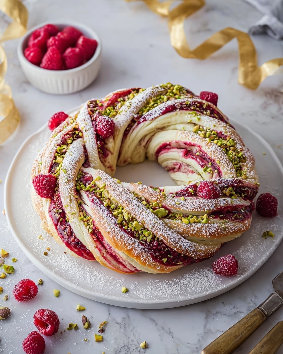 The image shows a round braided pastry shaped like a wreath, placed on a white plate with fine powdered sugar dusted around it and over the top. The pastry has twisted layers of light golden dough and deep red raspberry filling, creating a swirled pattern. Scattered green pistachio pieces and whole fresh raspberries decorate the surface, adding color contrast and texture. The plate sits on a white marbled textured surface, with a small white bowl of raspberries and pistachios in the background, along with golden ribbon and kitchen knives nearby. Photo taken with an iphone --ar 4:5 --v 7