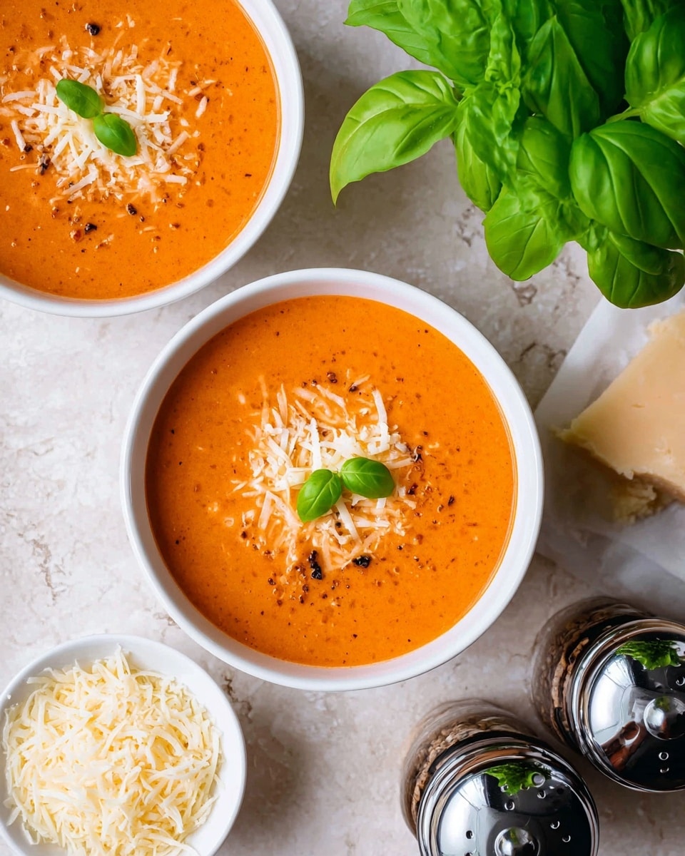 The image shows two white bowls filled with smooth, bright orange soup, each topped with finely shredded cheese and small black pepper pieces scattered on top. One bowl, placed in the center, has two small green basil leaves as garnish. A small white bowl filled with more shredded cheese sits beside the soup bowls. There is a fresh green basil plant with large leaves on the left side and two pepper grinders with a reflective surface at the bottom right corner. The items rest on a white marbled textured surface. photo taken with an iphone --ar 4:5 --v 7
