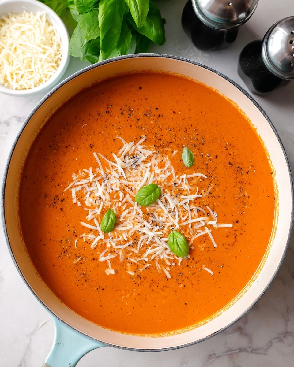 A smooth, bright orange creamy tomato soup fills a large white enamel pot with a light blue handle, topped with scattered shredded white cheese and a sprinkle of black pepper, with two small fresh green basil leaves placed on top near the center. The pot sits on a white marbled surface alongside a small white bowl filled with more shredded cheese and two black and silver pepper grinders. A bunch of fresh green basil leaves is partially visible in the upper left corner. photo taken with an iphone --ar 4:5 --v 7
