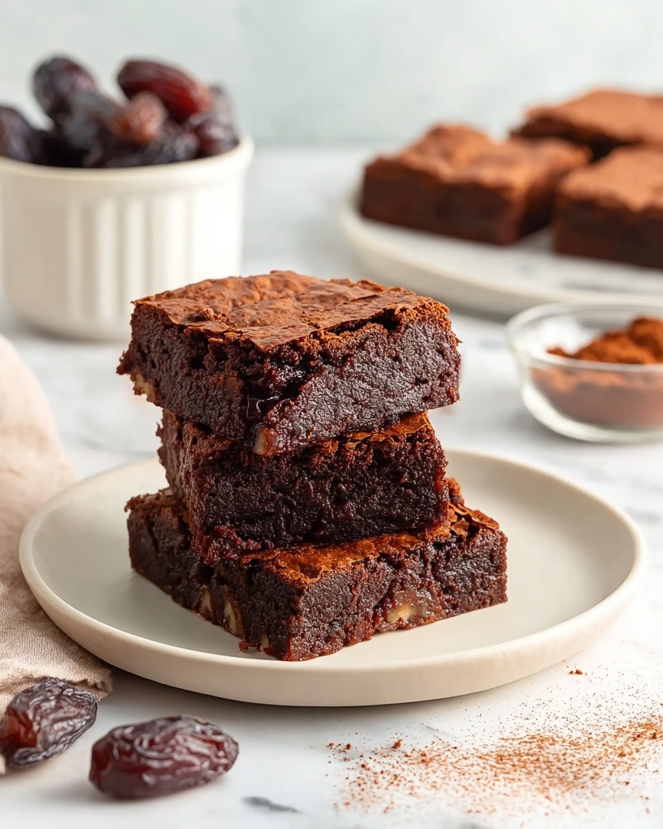 Four square pieces of dark brown brownies with a cracked, slightly shiny top layer are stacked on a white plate. The brownies have a thick, dense texture with visible bits inside, suggesting nuts or chocolate chunks. The plate sits on a white marbled surface with some crumbs scattered around. In the background, there is a white bowl with dark brown dried dates, a small clear bowl with dark cocoa powder, and a larger white plate holding more brownies. Photo taken with an iphone --ar 4:5 --v 7