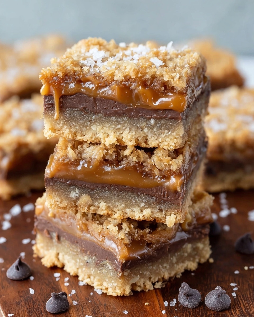 A stack of three square dessert bars is shown on a dark wooden surface with a few dark chocolate chips scattered around. Each bar has four visible layers: a crumbly light golden oat crust on the bottom, a middle layer with a mix of light tan and darker brown tones that looks soft and chewy, a top layer of thick golden caramel oozing slightly down the sides, and a final crumbly oat topping sprinkled with coarse white sea salt. More bars are blurred in the background on a white marbled texture. photo taken with an iphone --ar 4:5 --v 7