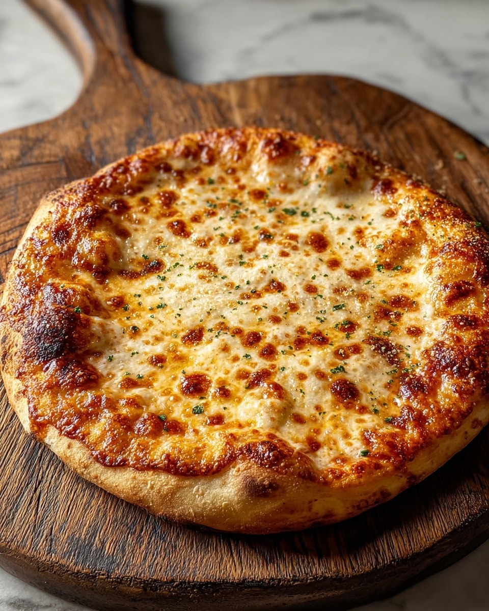 A round pizza with one main layer of melted cheese that is golden brown and bubbly with some small darker spots, covering a layer of red tomato sauce just visible around the edges. The crust is thick, golden with some charred spots and light flour dusting. The pizza is placed on a wooden pizza board against a white marbled texture. photo taken with an iphone --ar 4:5 --v 7