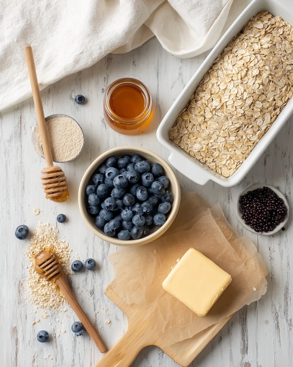 The image shows an arrangement of baking ingredients on a white marbled surface with a white cloth in the top left corner. There is a large white rectangular dish filled with light beige rolled oats on the top right. Below it, to the center right, a white bowl holds small dark berries, and next to it on a light wooden board is a pale yellow butter square resting on some poppy seeds. On the left, a round beige bowl is filled with plump, fresh blueberries, and nearby is a small jar with amber honey. A small white bowl contains light brown powder, and a wooden spoon with white powder lies on the left with some scattered blueberries and oats on beige parchment paper underneath. A wooden honey dipper rests on the cloth, slightly stained with honey. Photo taken with an iphone --ar 4:5 --v 7