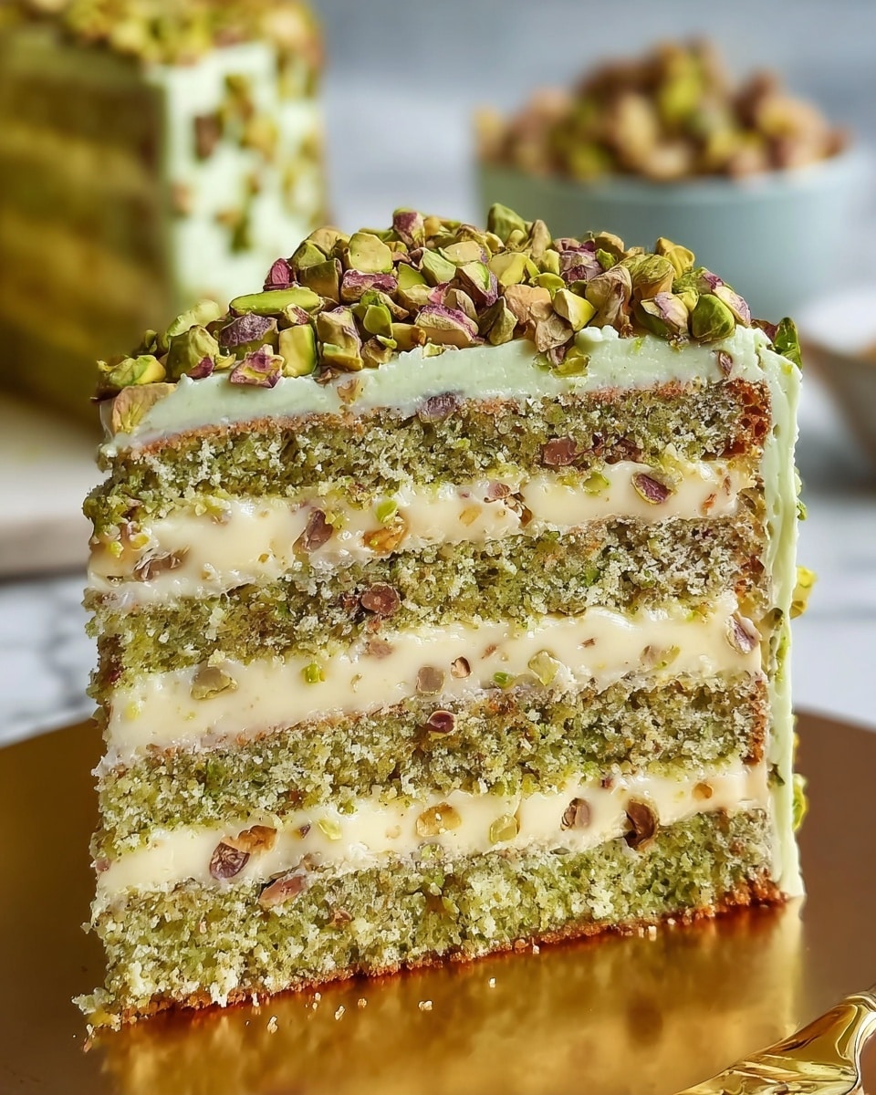 A close-up of a multi-layered pistachio cake slice showing three thick layers of green pistachio sponge, each separated by creamy pale yellow filling with small nut pieces. The top layer is covered with a smooth pale green frosting generously sprinkled with whole and chopped pistachios in shades of green and brown. The cake rests on a shiny gold surface with another bowl of chopped pistachios blurred in the white marbled background. photo taken with an iphone --ar 4:5 --v 7
