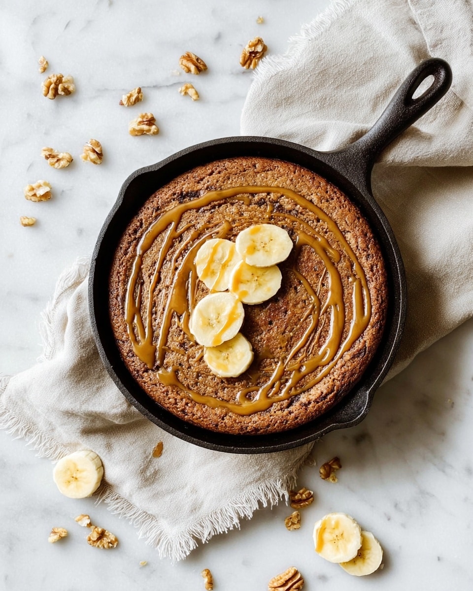 A round brown baked dish in a black cast iron skillet topped with two curved slices of yellow banana lightly browned on one side, and drizzled with a light brown syrup in a spiral pattern. The skillet rests on a soft beige cloth napkin with fringed edges, on a white marbled surface scattered with small walnut pieces and three banana slices placed nearby. photo taken with an iphone --ar 4:5 --v 7