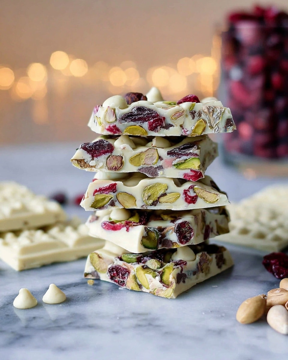 The image shows a stack of six rough-edged pieces of white chocolate bark, each layer filled with visible whole pistachios and dried cranberries, creating a textured, colorful mix of green, red, and creamy white. The pieces are stacked unevenly on a smooth white marbled surface, with loose pistachios and white chocolate chips scattered around. In the blurred background, there is a clear glass filled with dried cranberries and soft lighting that adds warmth to the scene. Photo taken with an iphone --ar 4:5 --v 7