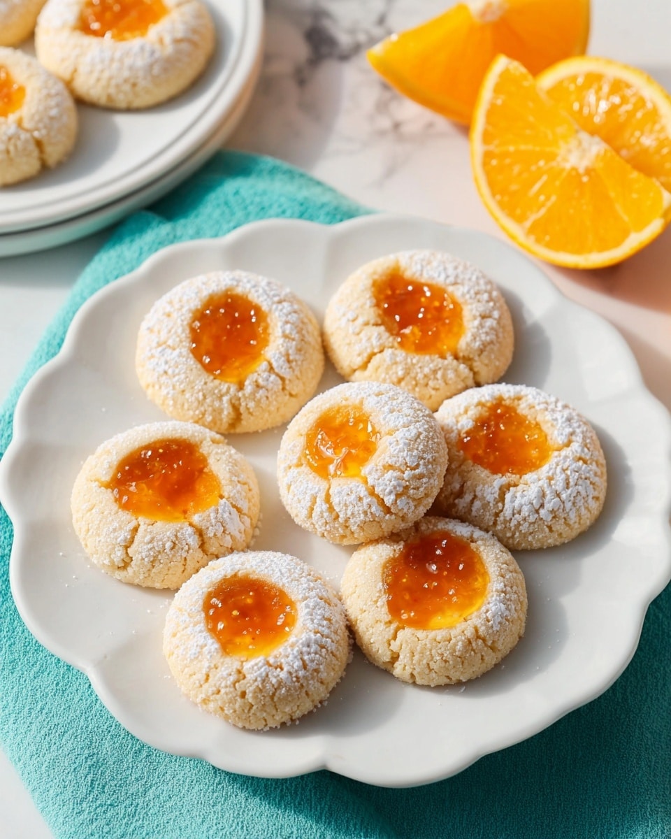 The image shows seven small round cookies on a white scalloped plate, each cookie lightly dusted with powdered sugar and having a bright orange jam center that looks glossy and slightly thick. The cookies have a pale yellow color with a crumbly texture. The plate is set on a teal cloth napkin on a white marbled surface. In the background, there is another white plate with more cookies and two halves of fresh oranges with bright orange flesh. A blue cup is partially visible behind the oranges. Photo taken with an iphone --ar 4:5 --v 7