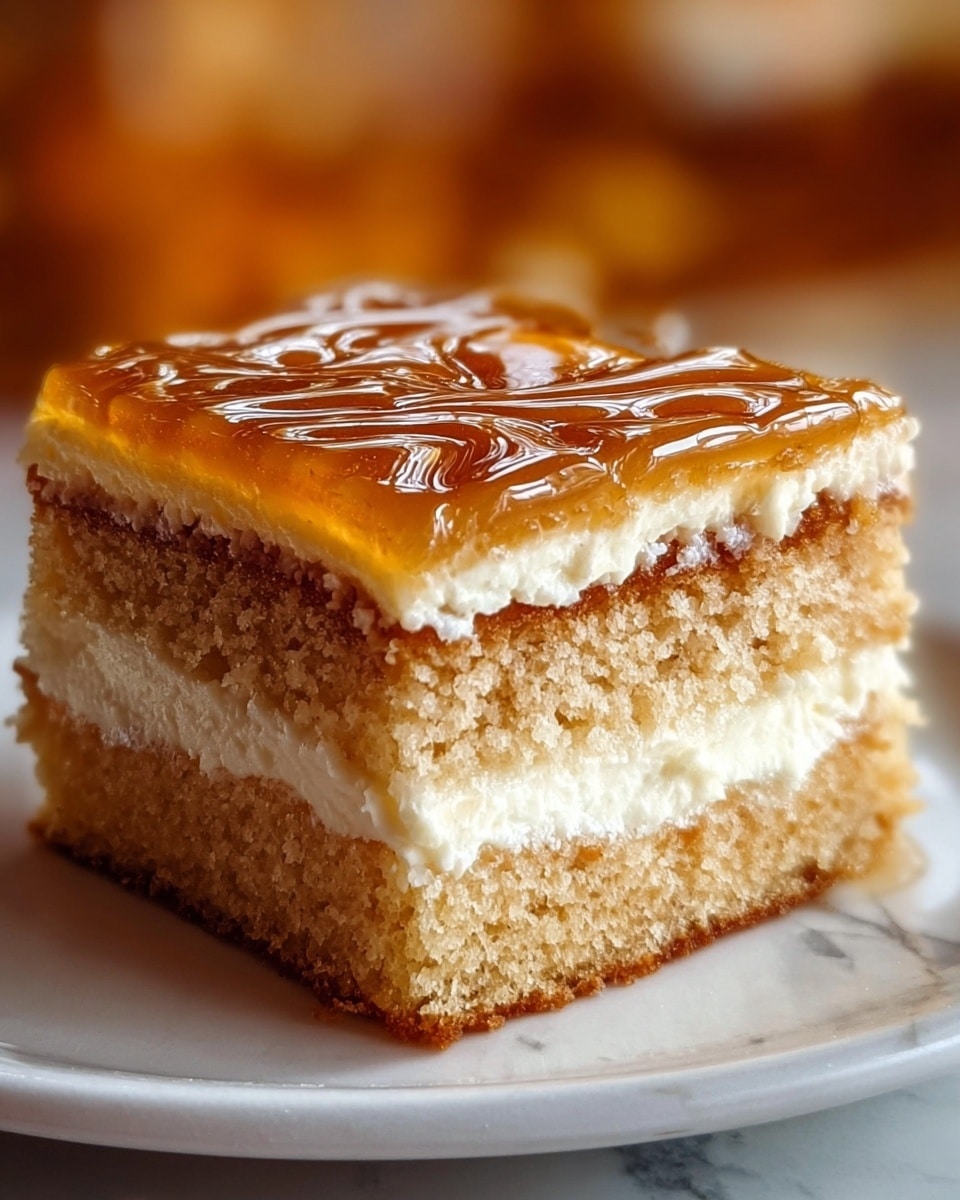 A close-up of a square piece of cake with three layers: a bottom light brown sponge layer with a soft crumb texture, a middle creamy white layer that looks smooth and rich, and a top light brown sponge layer covered with a shiny, golden caramel glaze that has a slightly sticky texture and a few patterns on it. The cake sits on a white plate placed on a white marbled surface, with blurred warm tones in the background. photo taken with an iphone --ar 4:5 --v 7