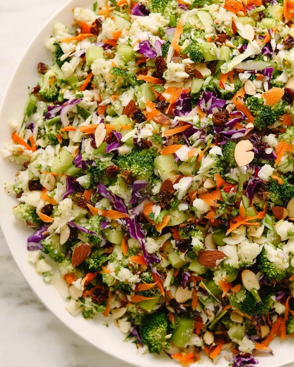 A close-up view of a fresh, colorful salad mix piled on a white plate, featuring finely chopped layers of green broccoli florets, orange carrot shreds, purple cabbage pieces, and light green celery slices. Scattered throughout are cream-colored cauliflower bits, whole brown almonds, dark brown raisins, and light brown sunflower seeds, with flecks of green parsley leaves spread evenly across. The salad has a mix of crunchy and soft textures visible in the diced and shredded ingredients, all set against a white marbled background. photo taken with an iphone --ar 4:5 --v 7