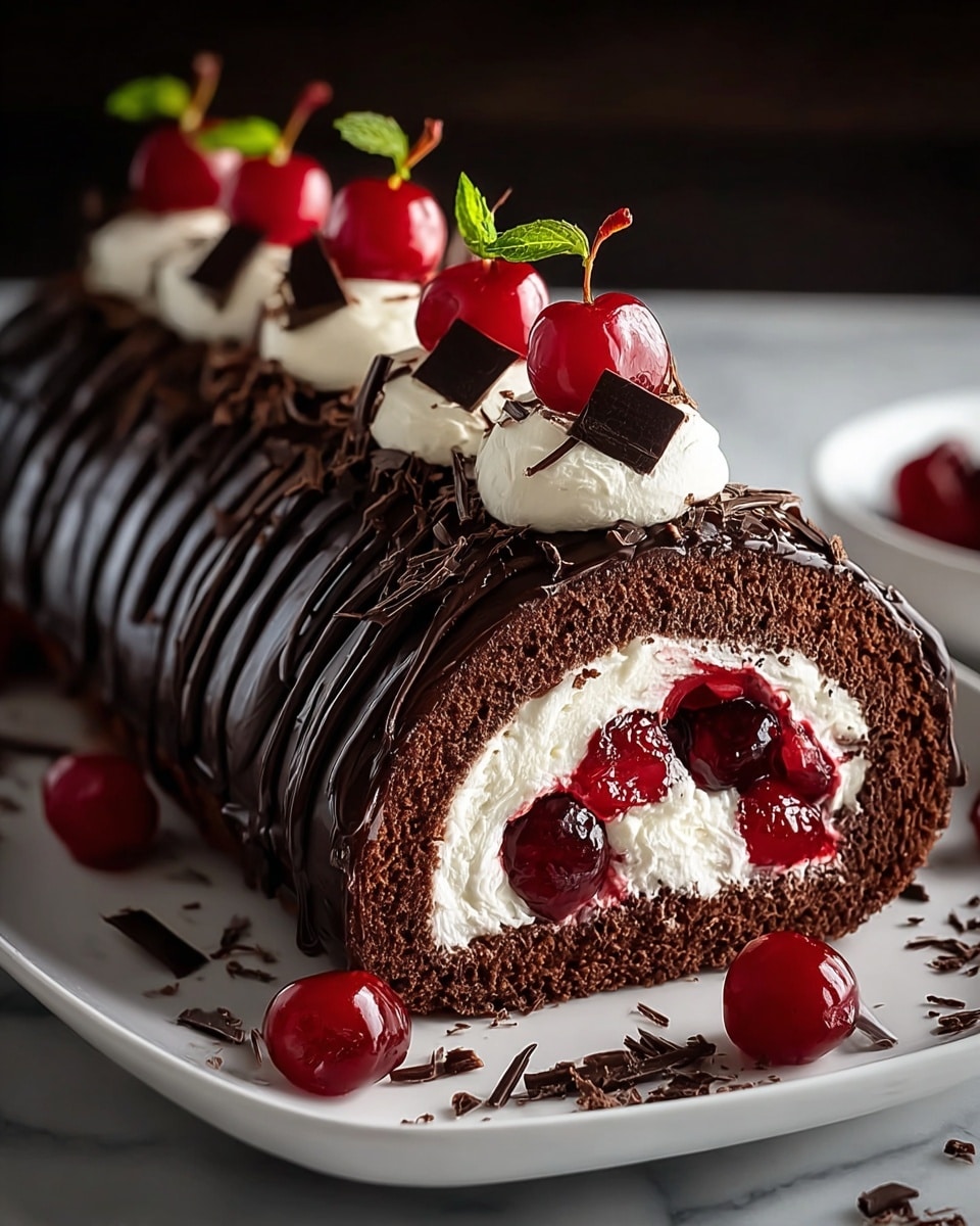 A chocolate roll cake is shown sliced to reveal three layers: a dark brown chocolate sponge outer layer, a thick white cream filling with a whole bright red cherry in the center, and a thick, shiny chocolate glaze covering the entire roll. The top is decorated evenly with dollops of white cream, each topped with a red cherry and some small green leaves. Additional cherries are scattered around the base on a white plate with a smooth surface, resting on a white marbled textured background. Pieces of chocolate are placed near the front of the plate. photo taken with an iphone --ar 4:5 --v 7